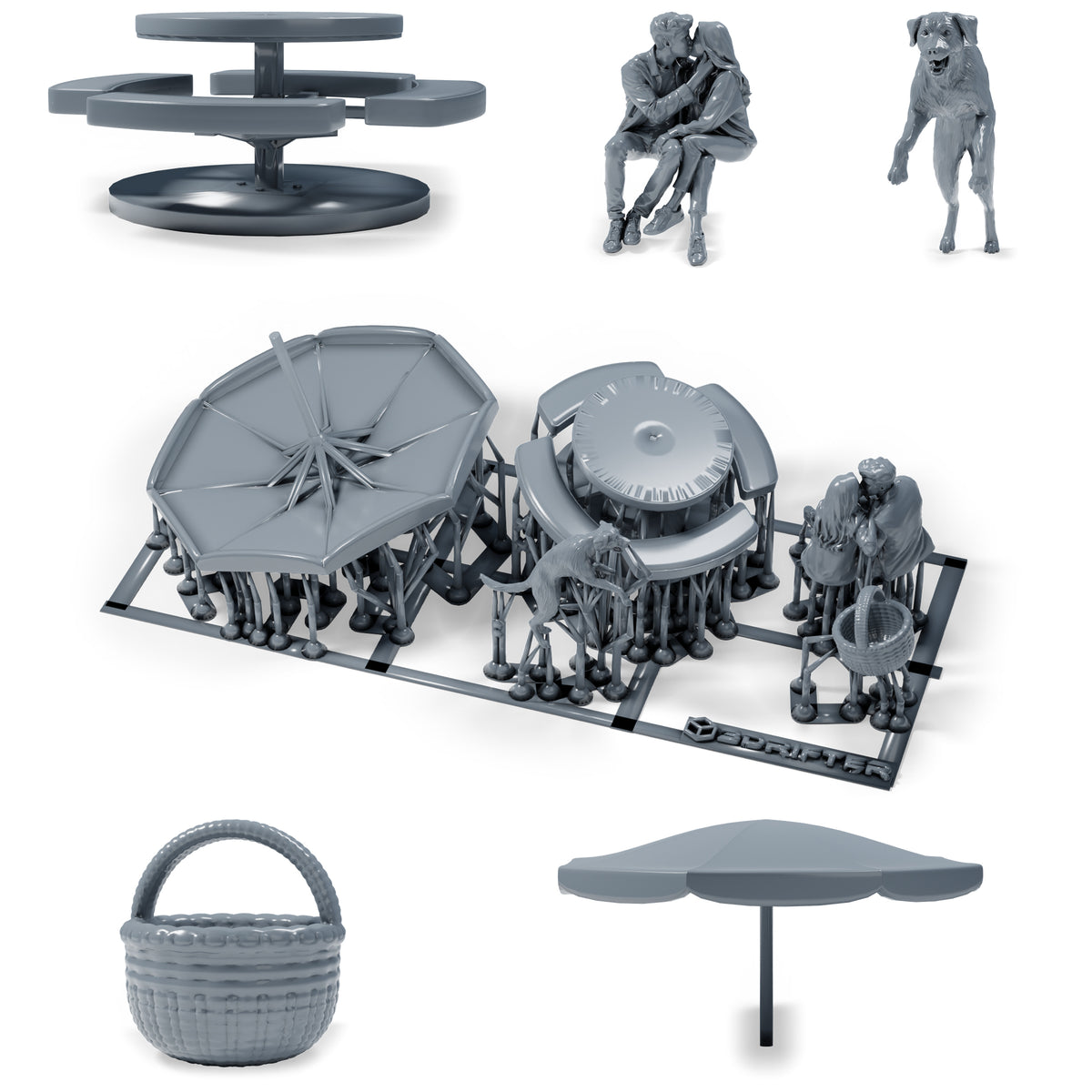 Diorama Modellbau Produktfoto 0: Diorama Miniatur Picknick: Sitzendes Paar mit Picknicktisch, Schirm und Hund (h0_39)