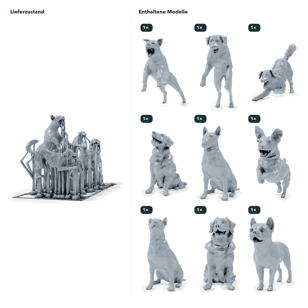 Diorama Modellbau Produktfoto 1: Diorama Miniatur Hunde: Neun Hunde verschiedener Rassen und Posen (h0_52)