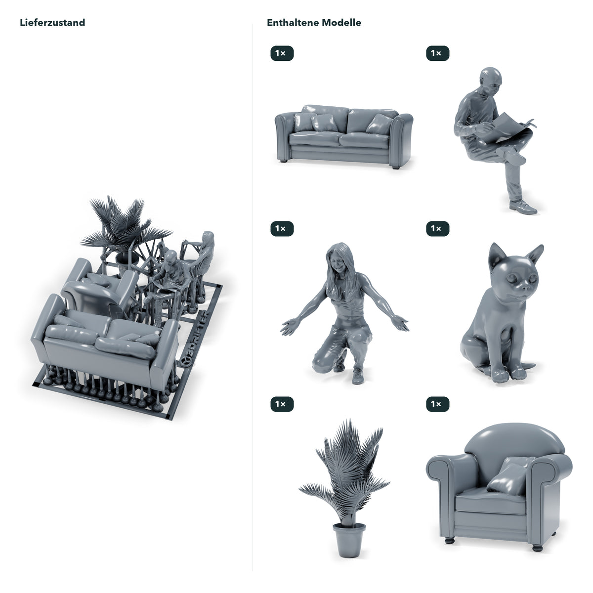 Diorama Modellbau Produktfoto 1: Diorama Miniatur Wohnzimmer: Sitzmöbel mit Leser, Frau, Katze und Topfpflanze (h0_37)