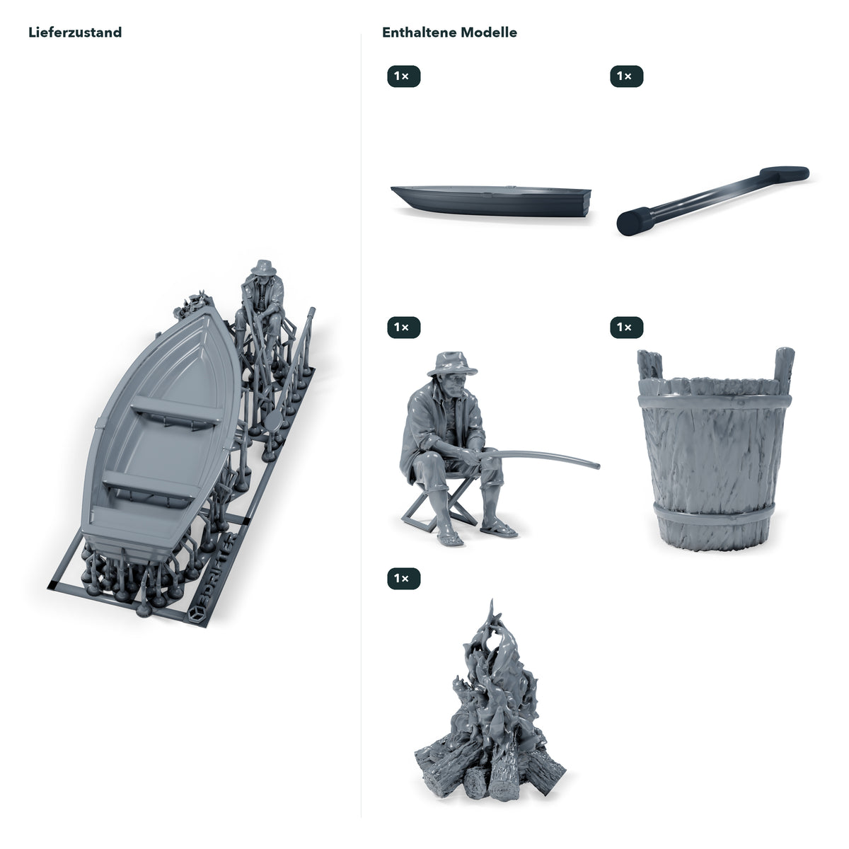 Diorama Modellbau Produktfoto 1: Diorama Angler Set: Angler mit Ruderboot, Ruder, Eimer und Lagerfeuer (h0_41)
