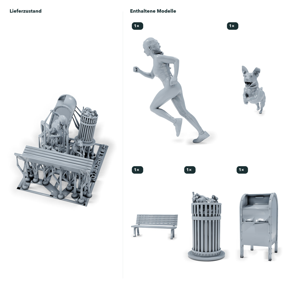 Diorama Modellbau Produktfoto 1: Diorama Figuren Set: Läuferin mit Hund, Parkbank und Stadtzubehör (h0_40)