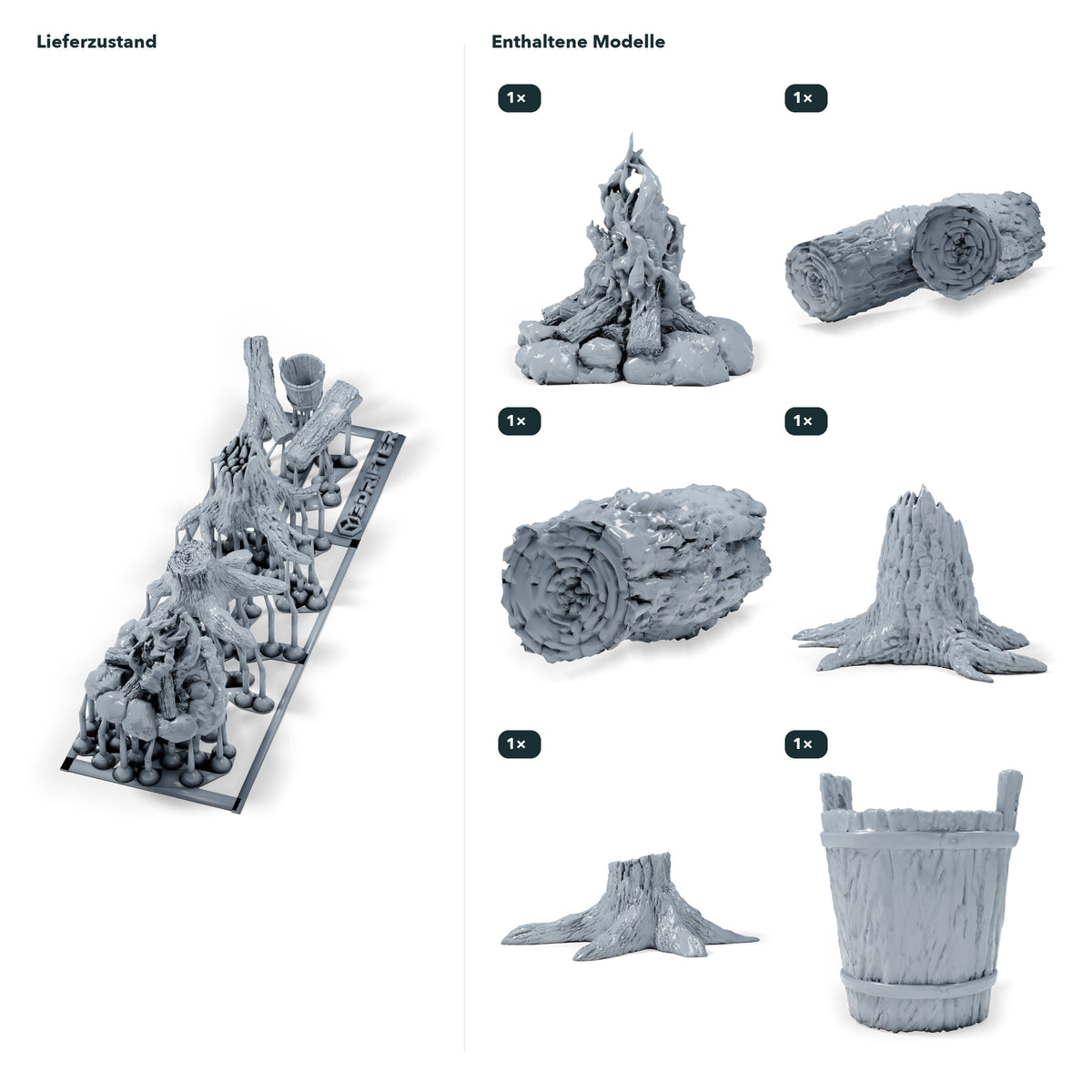 Diorama Modellbau Produktfoto 1: Diorama Miniatur Waldlager: Feuerstelle mit Baumstämmen, Stümpfen und Eimer (h0_42)