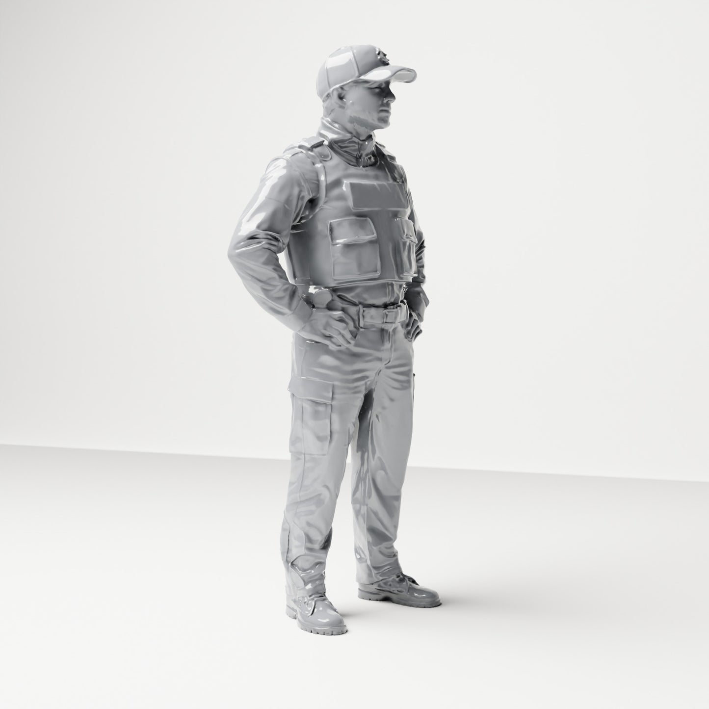 Foto do produto de modelismo diorama 3: Figura em pé: Policial com boné e colete à prova de balas (B022)