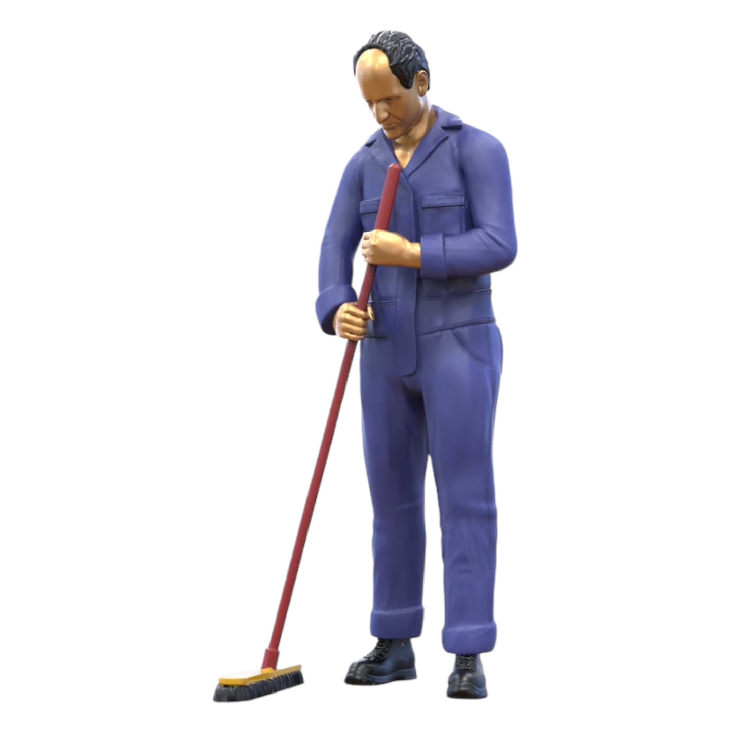 Produktfoto  0: Hausmeister oder Reinigungskraft: Mann mit Besen in Overall