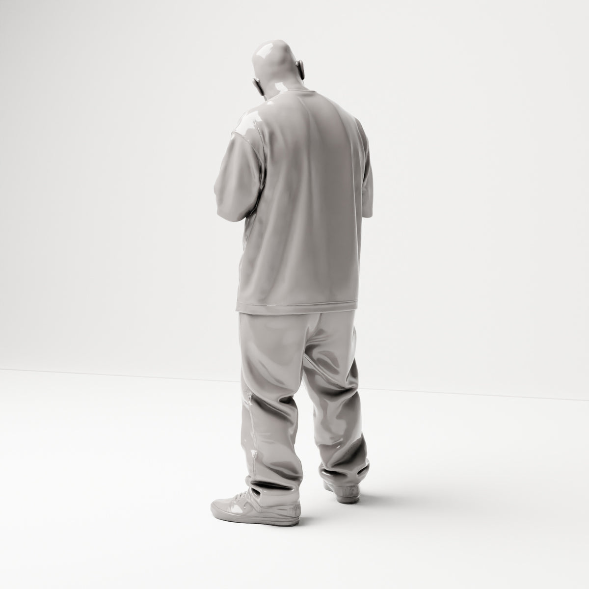 Stehende Figur: Hip-Hopper mit Sonnenbrille & Kette, Hände vor der Brust, weites Shirt & Hose (B028) - Rueckansicht