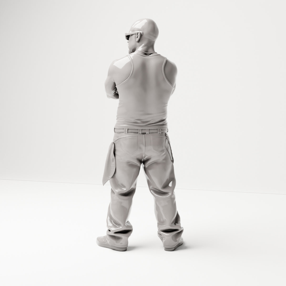 Stehende Figur: Person im Hip-Hop-Style mit gekreuzten Armen, Sonnenbrille & ärmellosem Oberteil (B029) - Rueckansicht