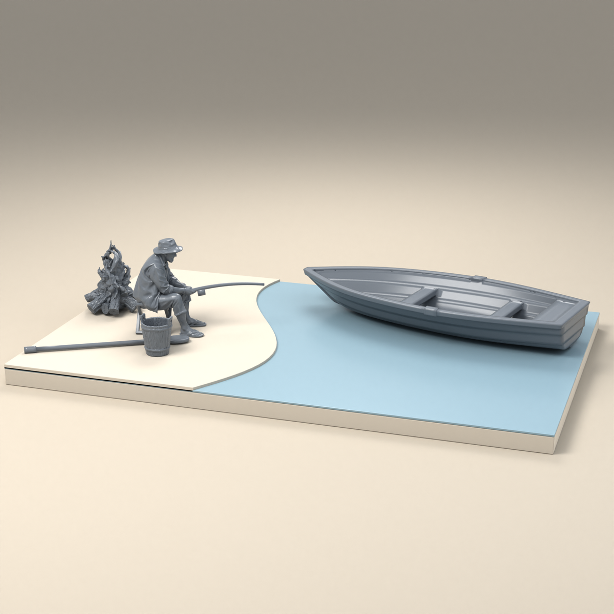 Diorama Modellbau Produktfoto 2: Diorama Angler Set: Angler mit Ruderboot, Ruder, Eimer und Lagerfeuer (h0_41)