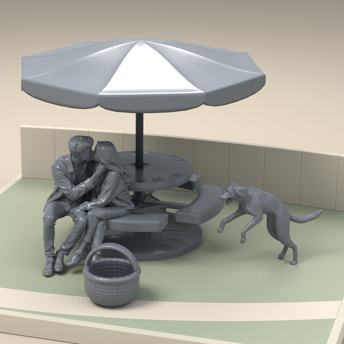 Diorama Modellbau Produktfoto 2: Diorama Miniatur Picknick: Sitzendes Paar mit Picknicktisch, Schirm und Hund (h0_39)