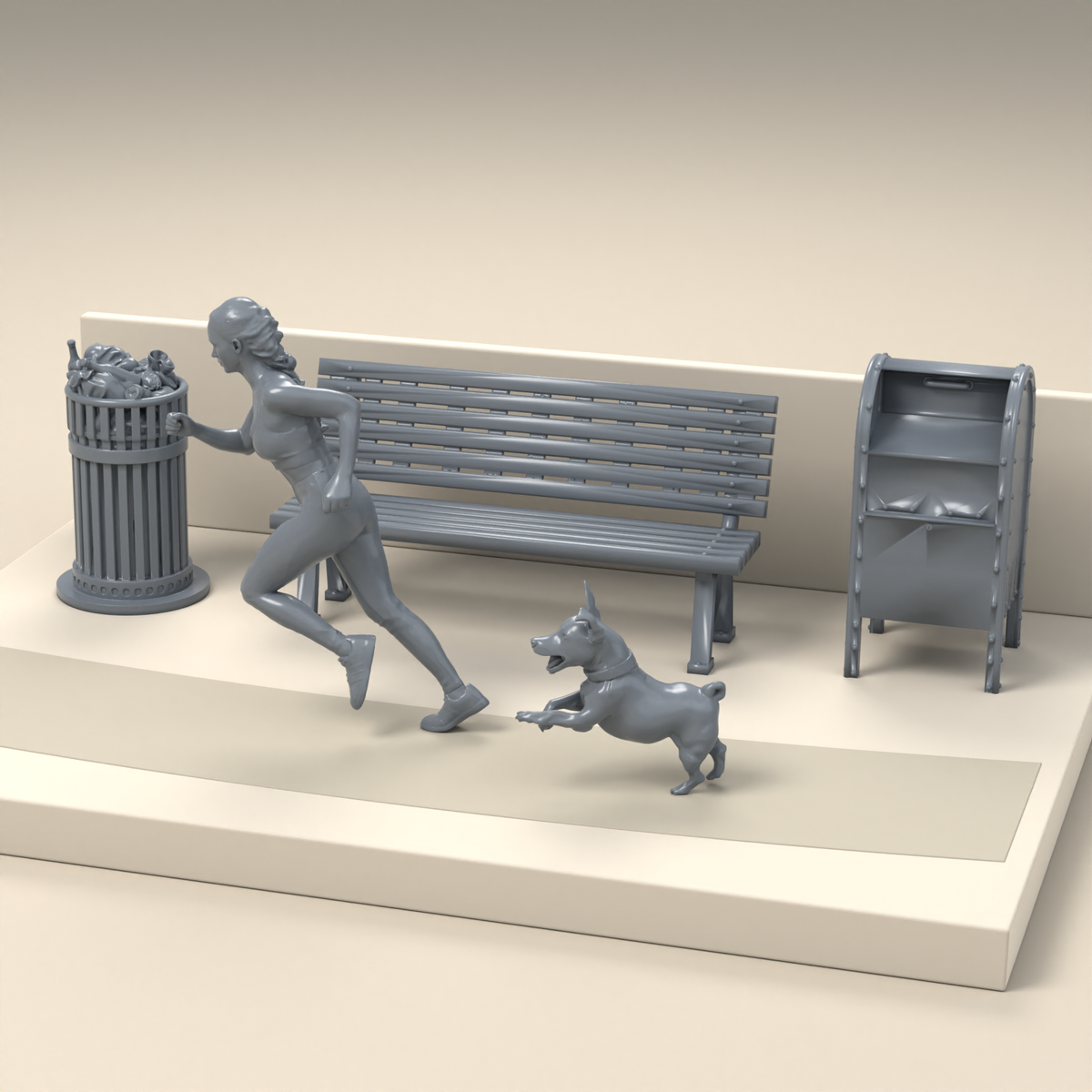 Diorama Modellbau Produktfoto 2: Diorama Figuren Set: Läuferin mit Hund, Parkbank und Stadtzubehör (h0_40)