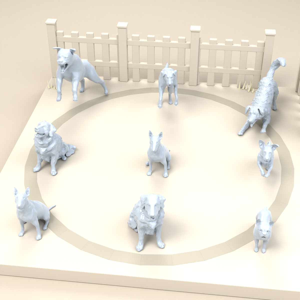 Diorama Modellbau Produktfoto 2: Diorama Miniatur Hunde: Neun Hunde verschiedener Rassen und Posen (h0_52)