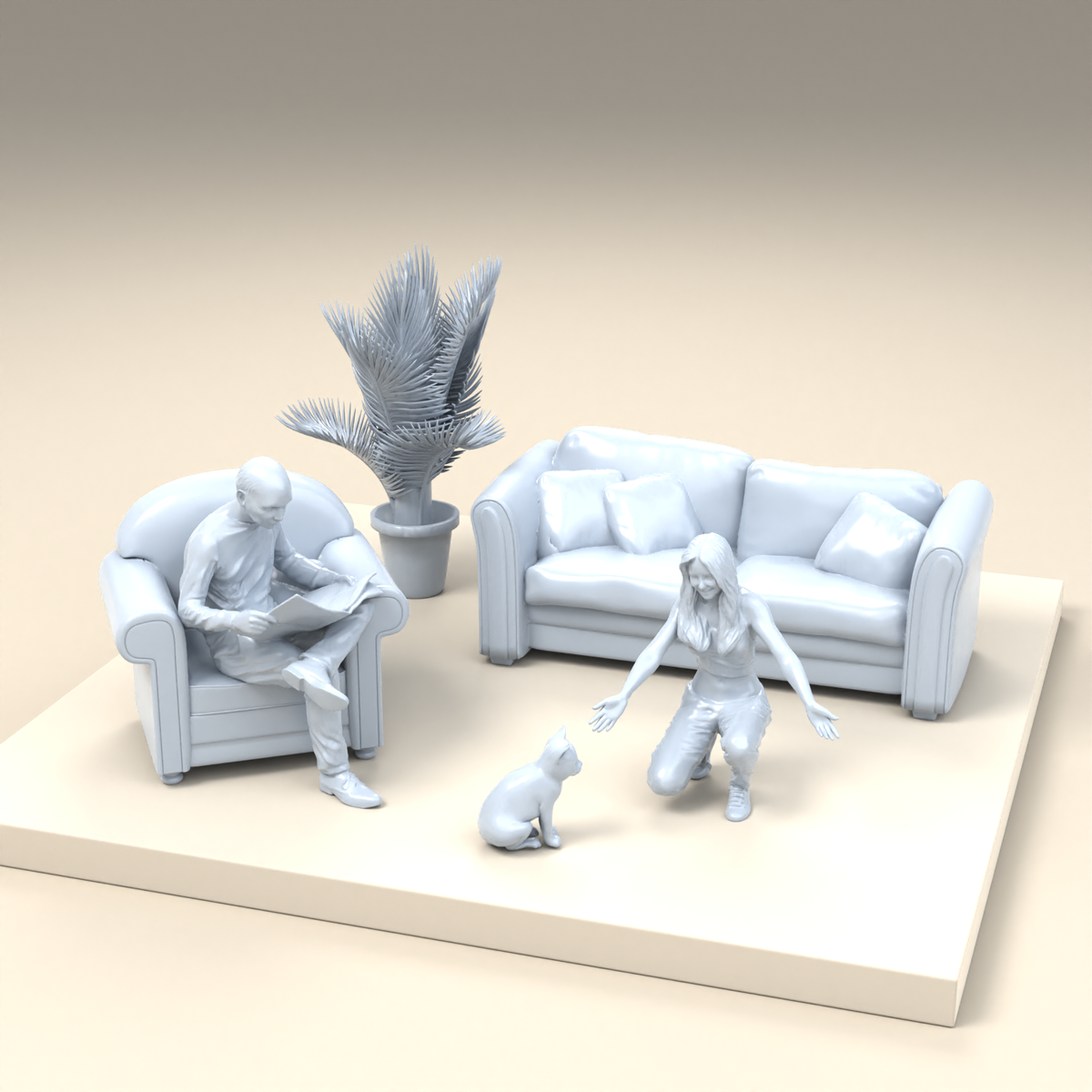 Diorama Modellbau Produktfoto 2: Diorama Miniatur Wohnzimmer: Sitzmöbel mit Leser, Frau, Katze und Topfpflanze (h0_37)