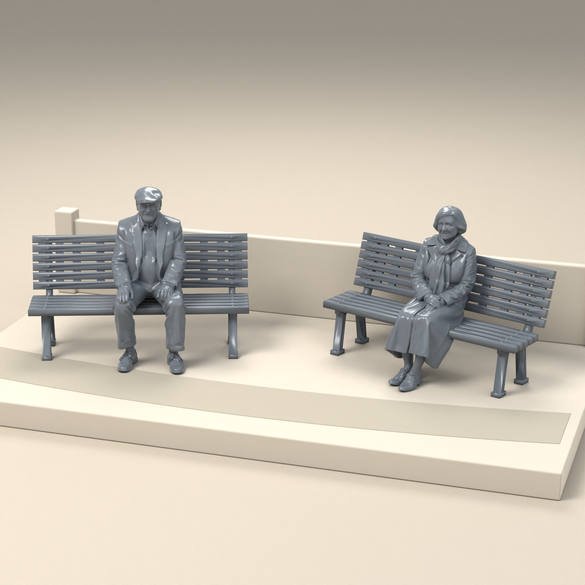 Diorama Modellbau Produktfoto 2: Diorama Figuren Set: Älteres Paar mit zwei Parkbänken (h0_38)