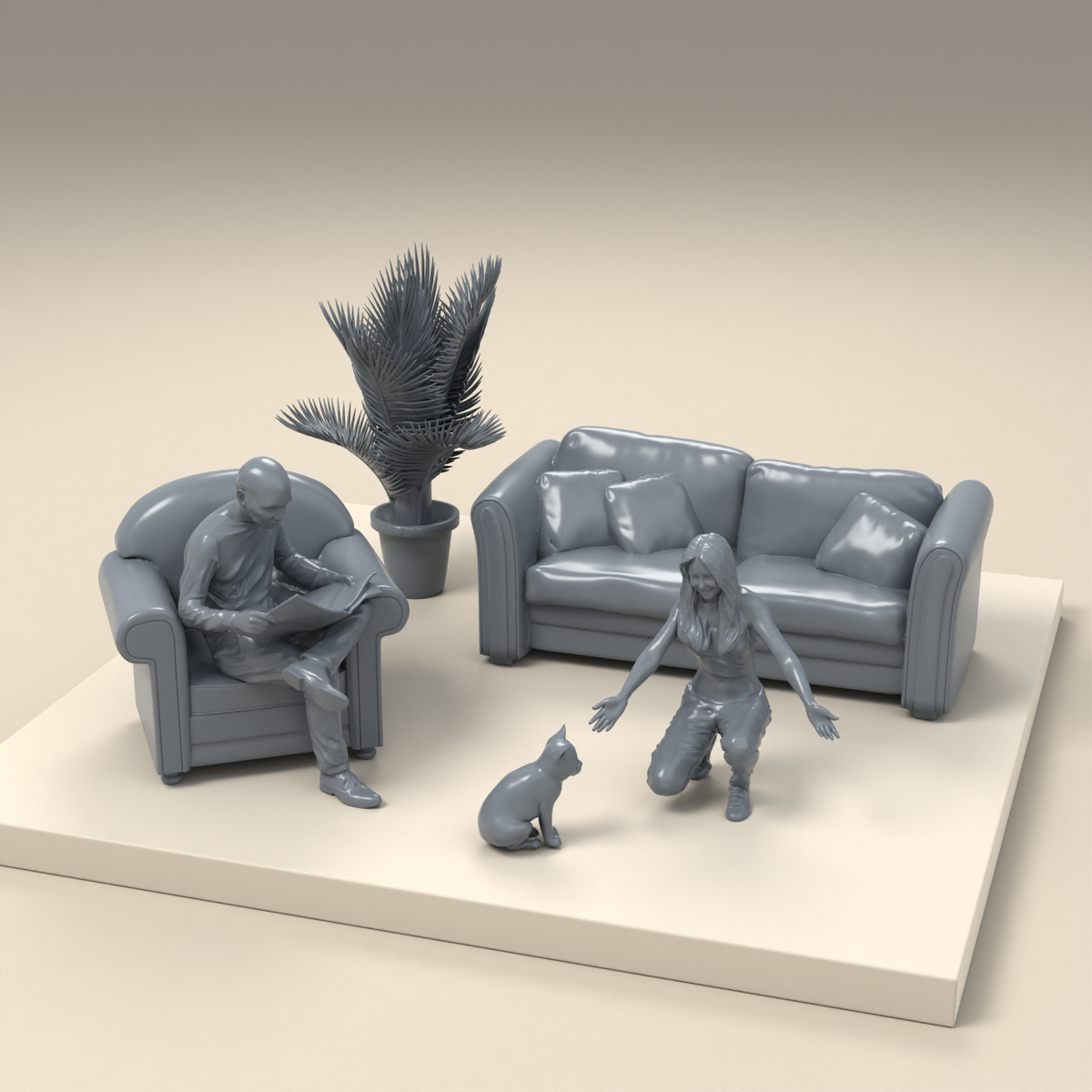 Diorama Modellbau Produktfoto 2: Diorama Miniatur Wohnzimmer: Sitzmöbel mit Leser, Frau, Katze und Topfpflanze (h0_37)