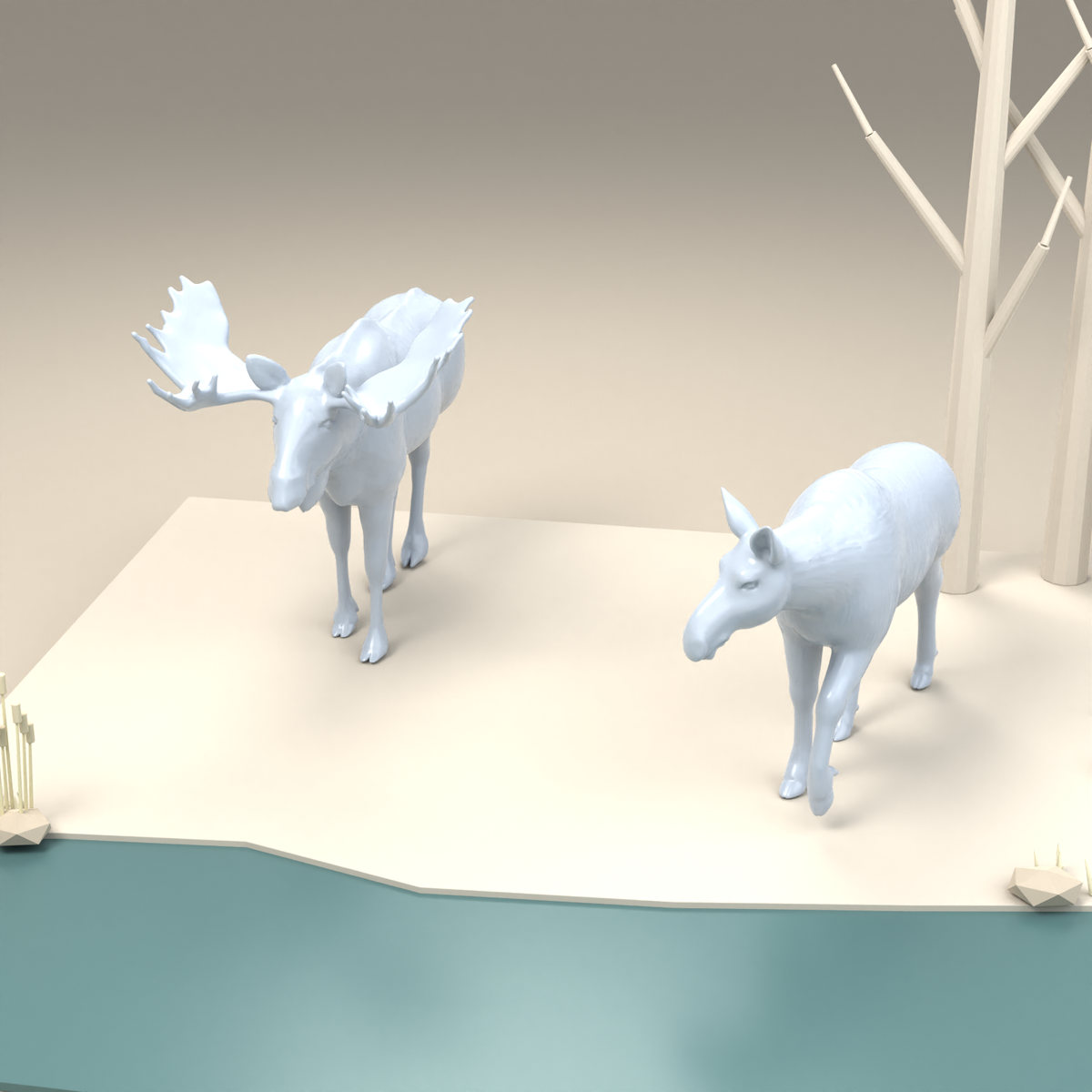 Diorama Modellbau Produktfoto 2: Diorama Miniatur Wildtiere: Elchbulle und Elchkuh (h0_48)