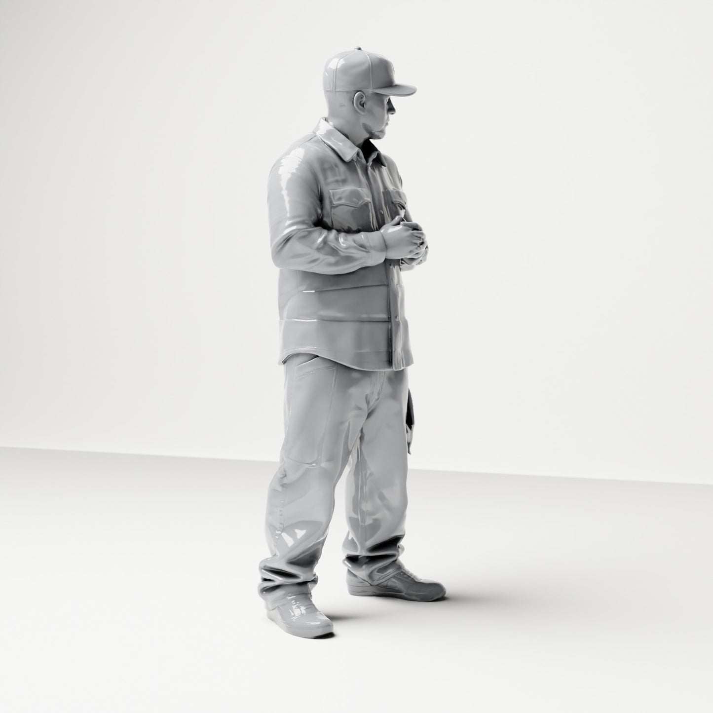 Diorama Modellbau Produktfoto 3: Stehende Figur: Mann mit Kappe & gefalteten Händen, Hemd mit Brusttaschen, Tuch in Tasche (B030)