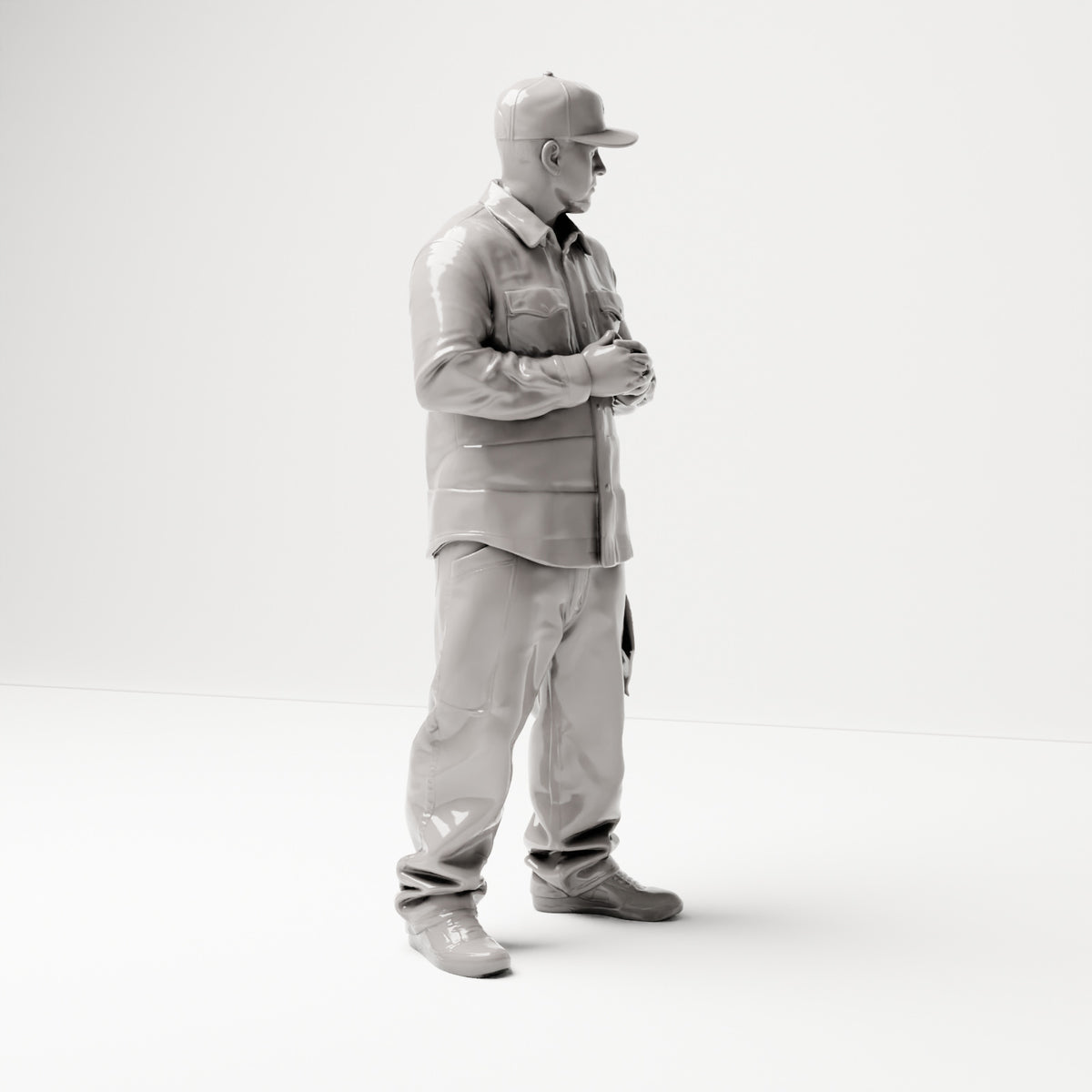 Stehende Figur: Hip-Hopper mit Kappe & gefalteten Händen, Hemd mit Brusttaschen, Tuch in Tasche (B030) - rechte Seitenansicht