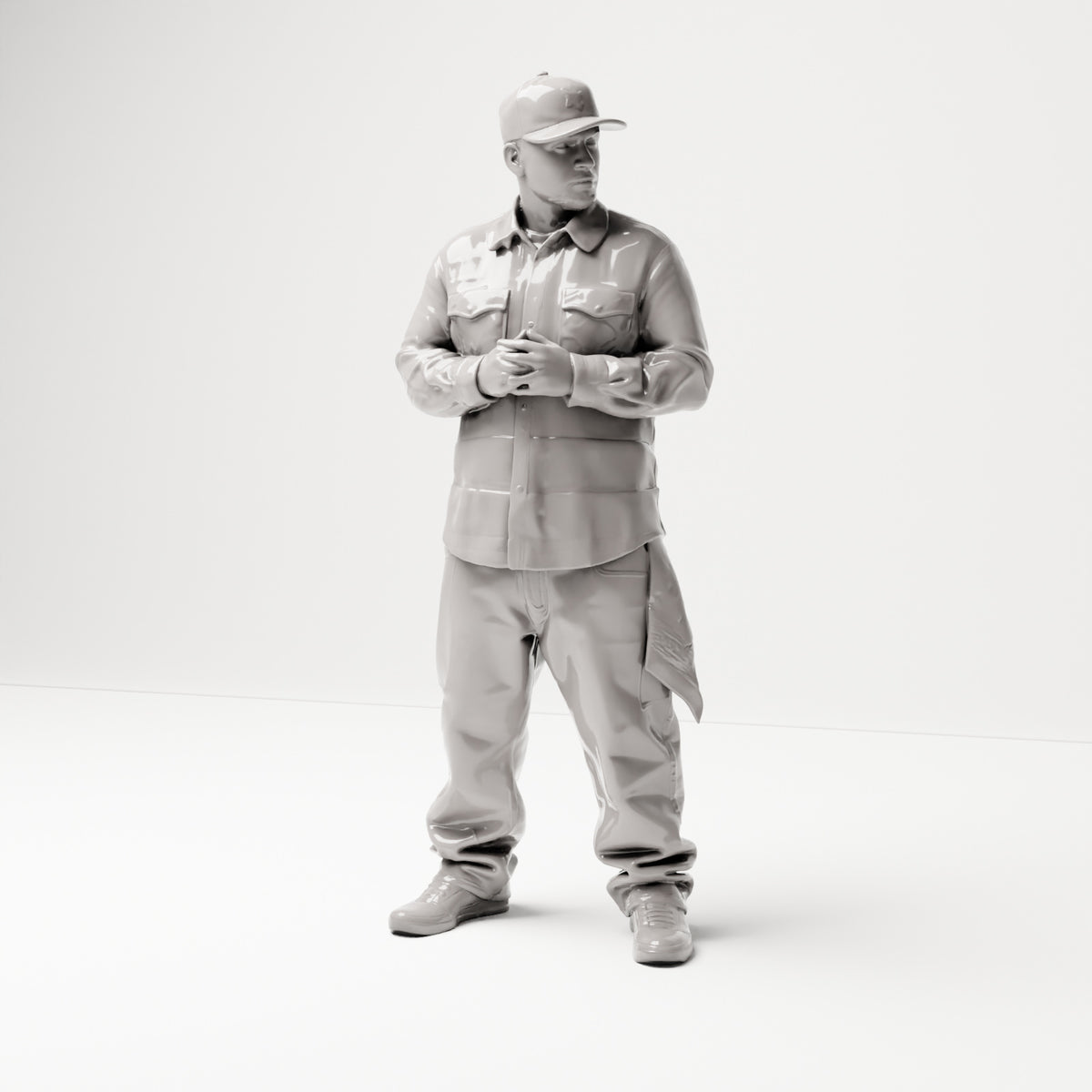Stehende Figur: Hip-Hopper mit Kappe & gefalteten Händen, Hemd mit Brusttaschen, Tuch in Tasche (B030) - Vorderansicht