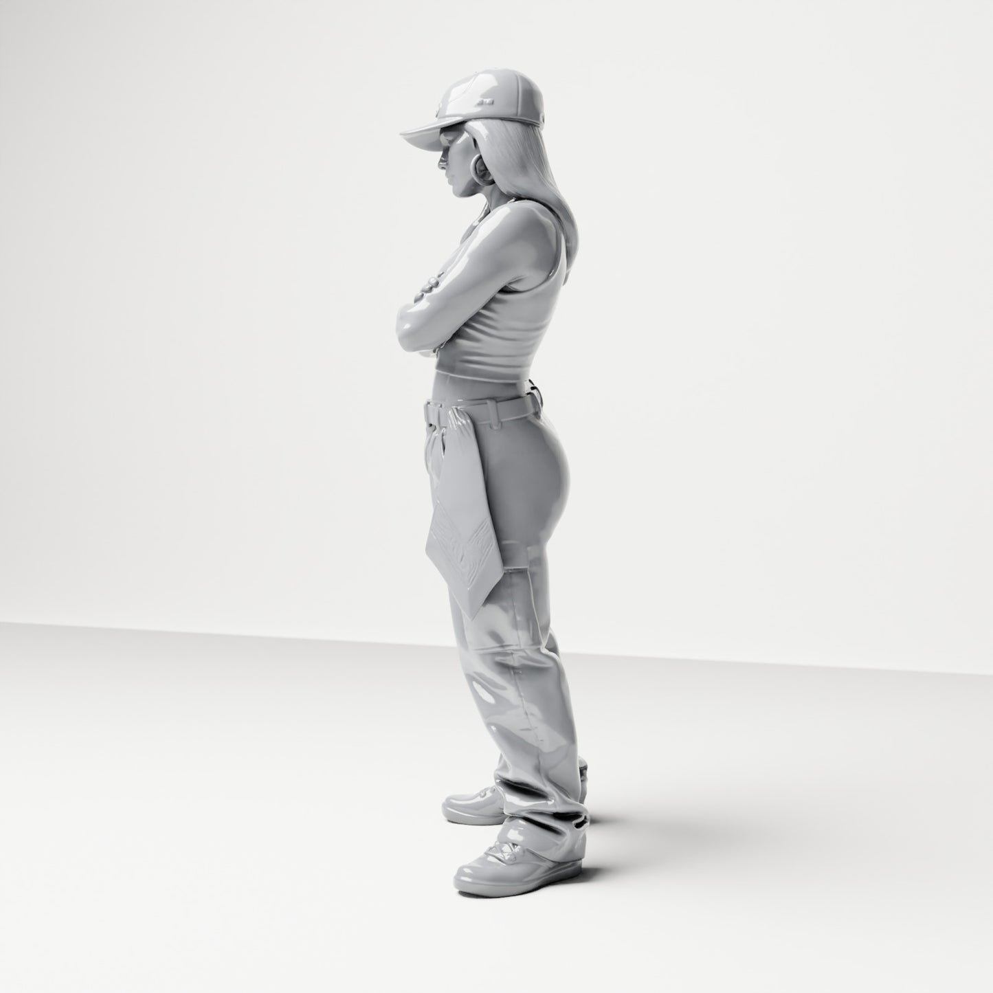 Diorama Modellbau Produktfoto 1: Stehende Figur: Person mit Basecap, kurzem Top, weiter Hose & Sneakers, Arme verschränkt (B033)