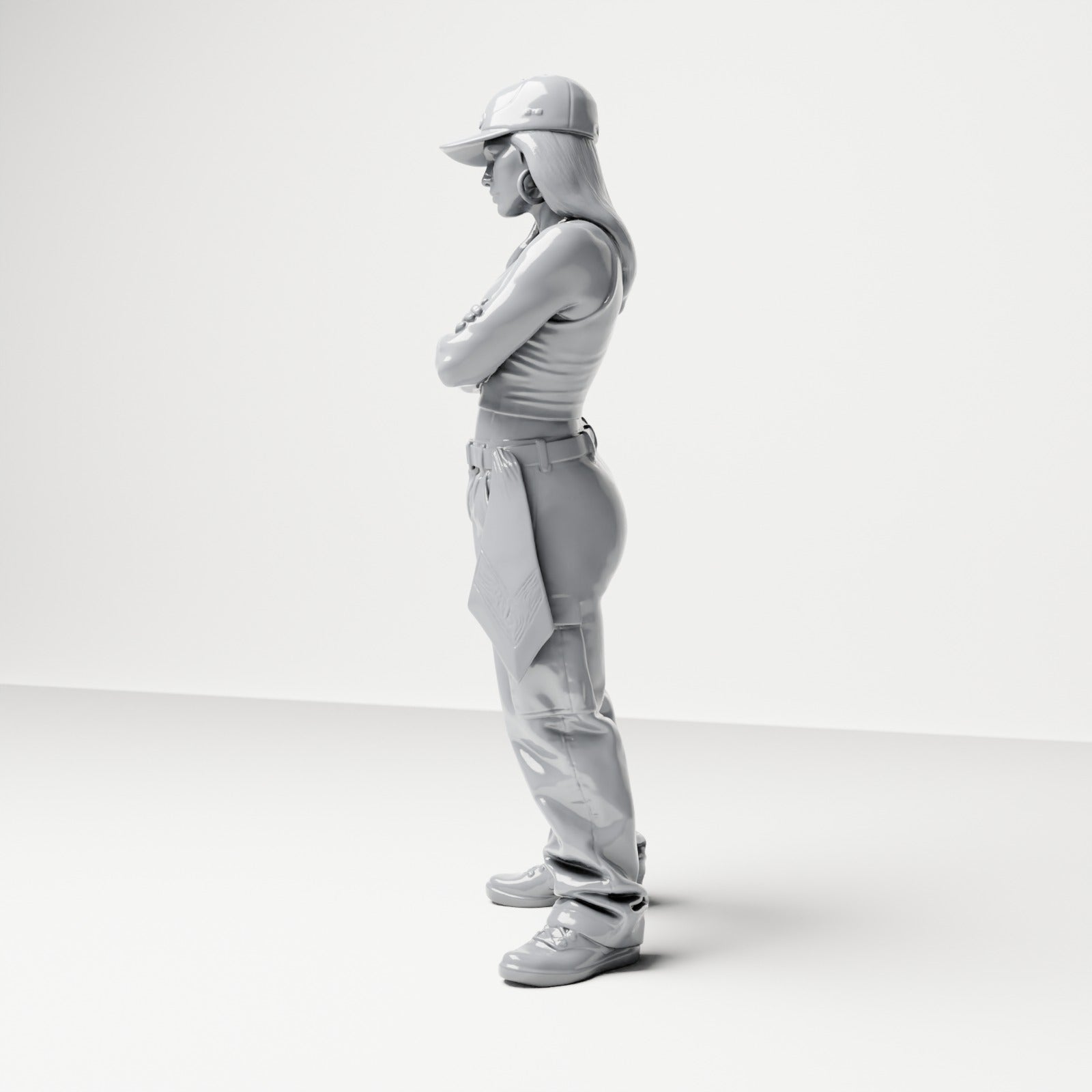 Diorama Modellbau Produktfoto 1: Stehende Figur: Person mit Basecap, kurzem Top, weiter Hose & Sneakers, Arme verschränkt (B033)