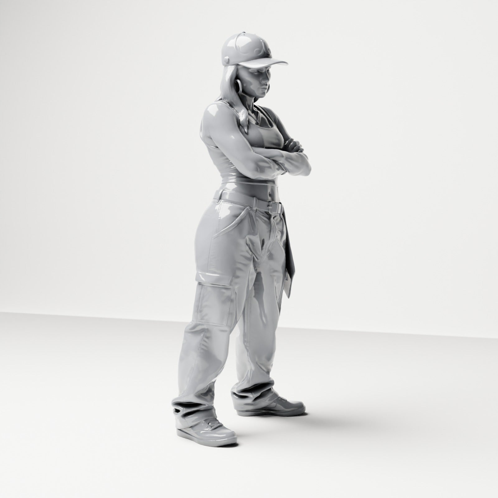 Diorama Modellbau Produktfoto 3: Stehende Figur: Person mit Basecap, kurzem Top, weiter Hose & Sneakers, Arme verschränkt (B033)
