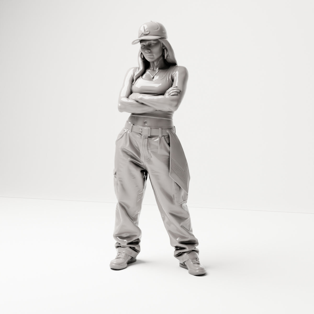 Stehende Figur: Person im Hip-Hop-Style mit Basecap, kurzem Top, weiter Hose & Sneakers, Arme verschränkt (B033) - Vorderansicht