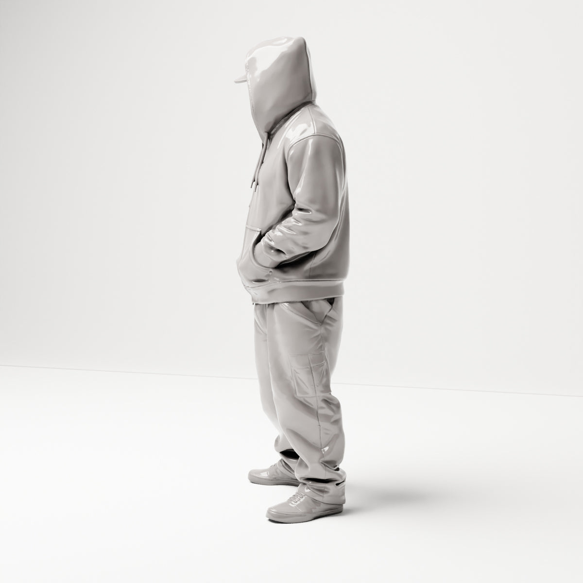 Stehende Figur: Person im Hip-Hop-Style mit Kapuzenjacke, Basecap & Gesichtstuch, Hände in den Taschen (B034) - linke Seitenansicht