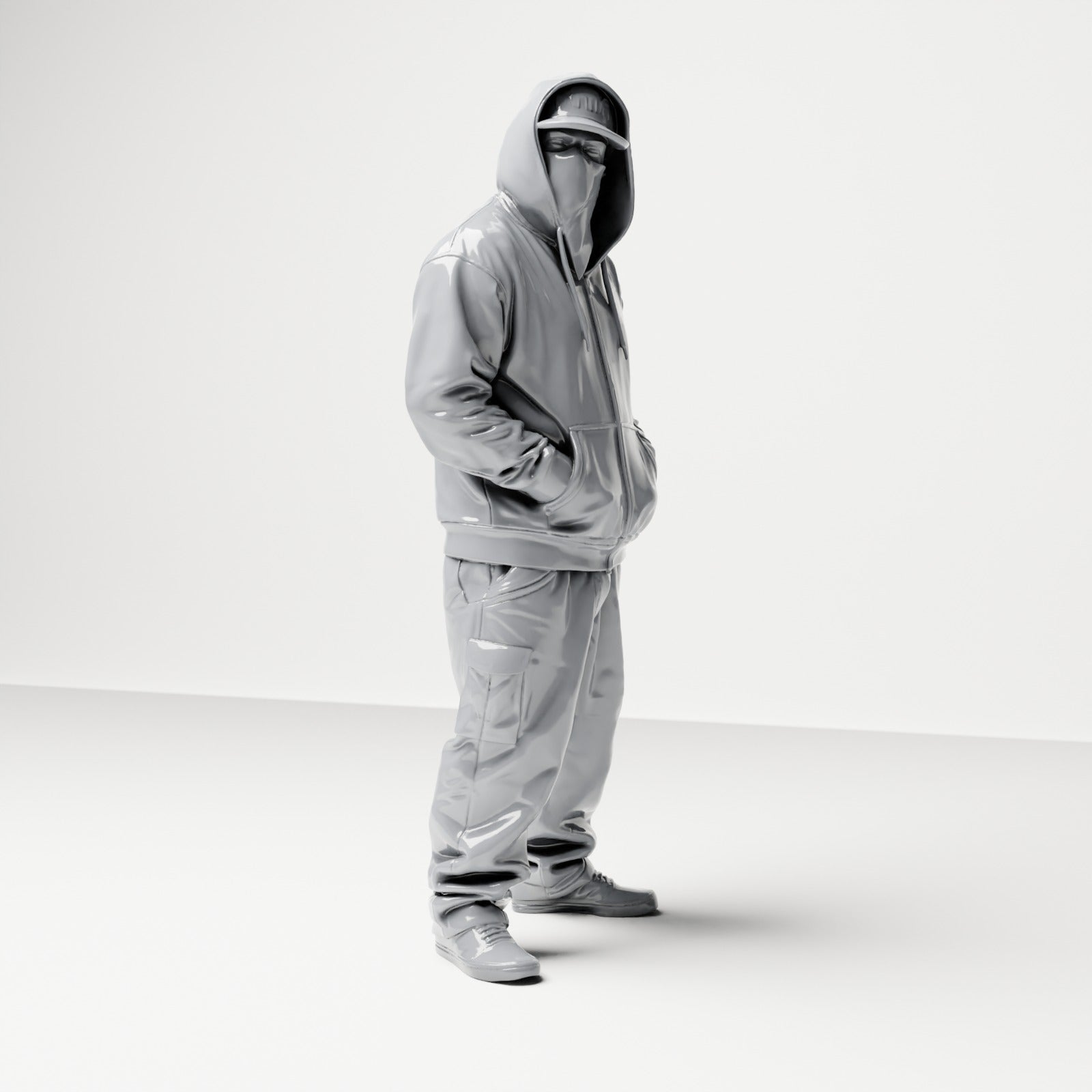Diorama Modellbau Produktfoto 3: Stehende Figur: Person mit Kapuzenjacke, Basecap & Gesichtstuch, Hände in den Taschen (B034)