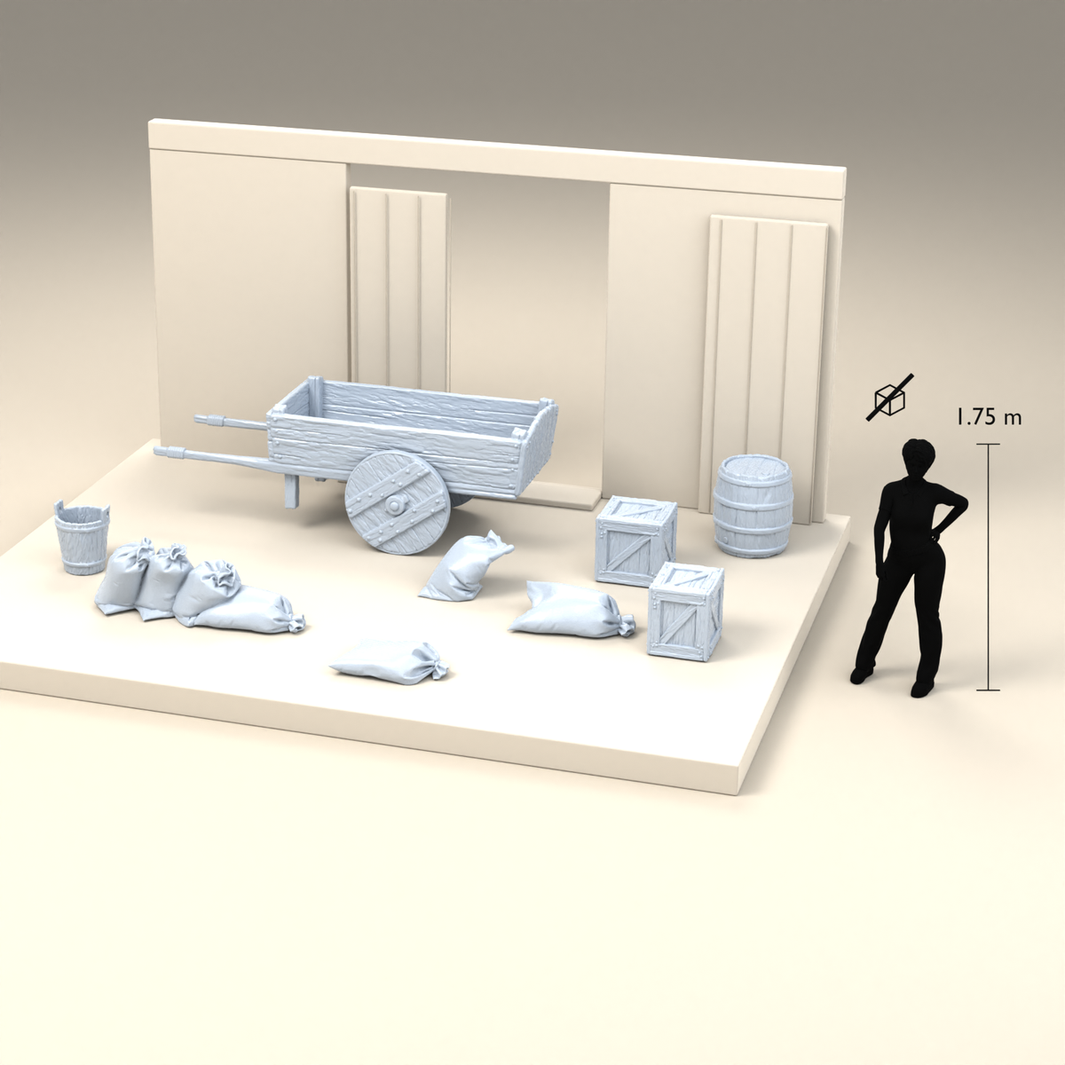 Diorama Modellbau Produktfoto 3: Diorama Miniatur Hofzubehör: Handkarren mit Getreidesäcken, Kisten und Fass (h0_32)