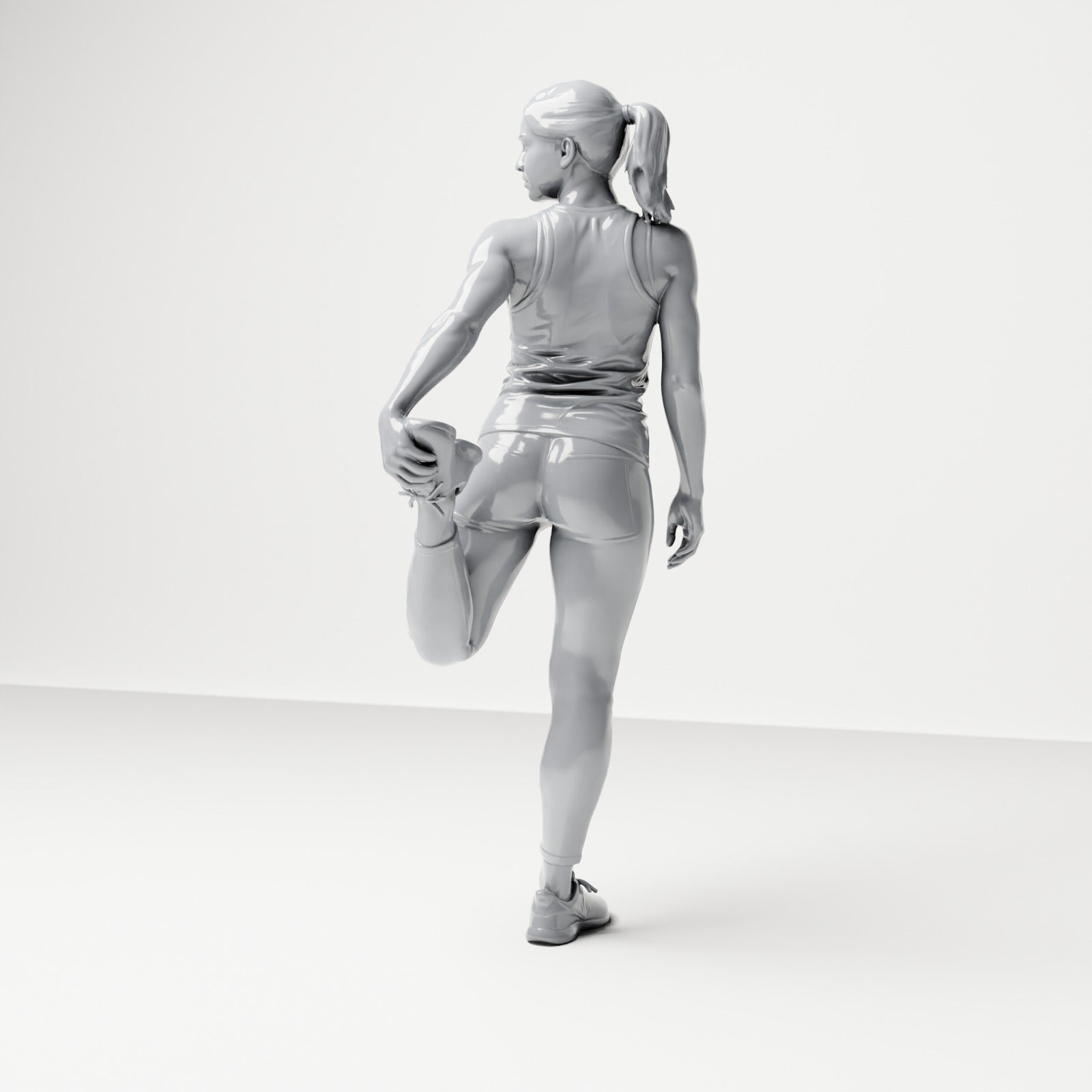 Foto do produto de modelismo diorama 2: Figura em pé: Atleta em pose de alongamento, segurando o pé atrás do corpo (B040)