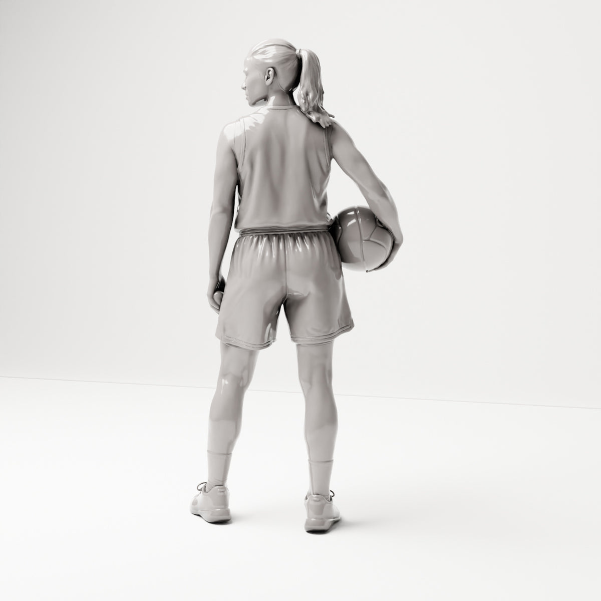 Stehende Figur: Basketballspielerin mit Ball an der Hüfte (B042) - Rueckansicht