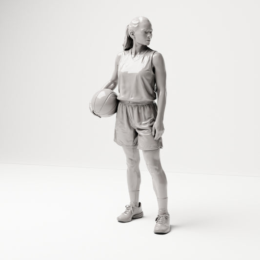 Stehende Figur: Basketballspielerin mit Ball an der Hüfte (B042) - Vorderansicht
