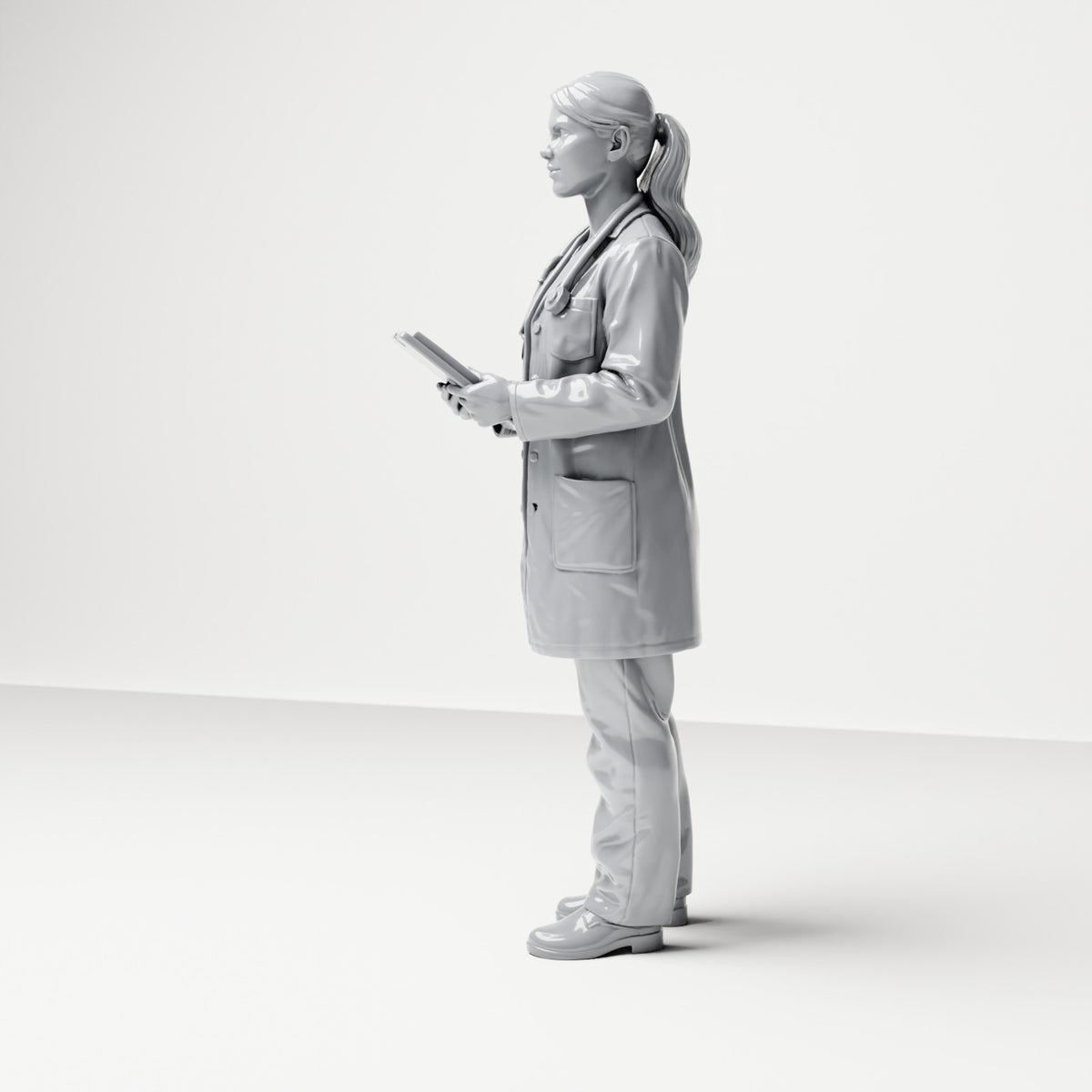 Diorama Modellbau Produktfoto 1: Stehende Figur: Ärztin mit Klemmbrett & Stethoskop (B044)