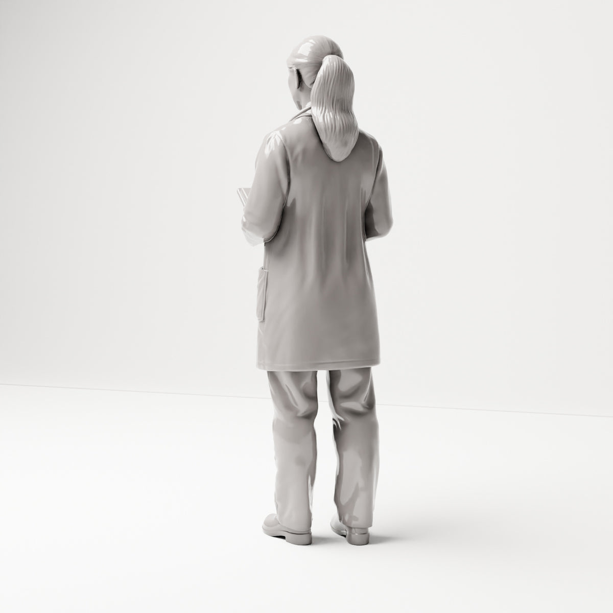 Stehende Figur: Ärztin mit Klemmbrett & Stethoskop (B044) - Rueckansicht