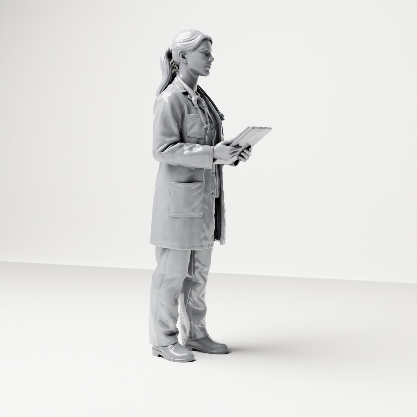 Diorama Modellbau Produktfoto 3: Stehende Figur: Ärztin mit Klemmbrett & Stethoskop (B044)