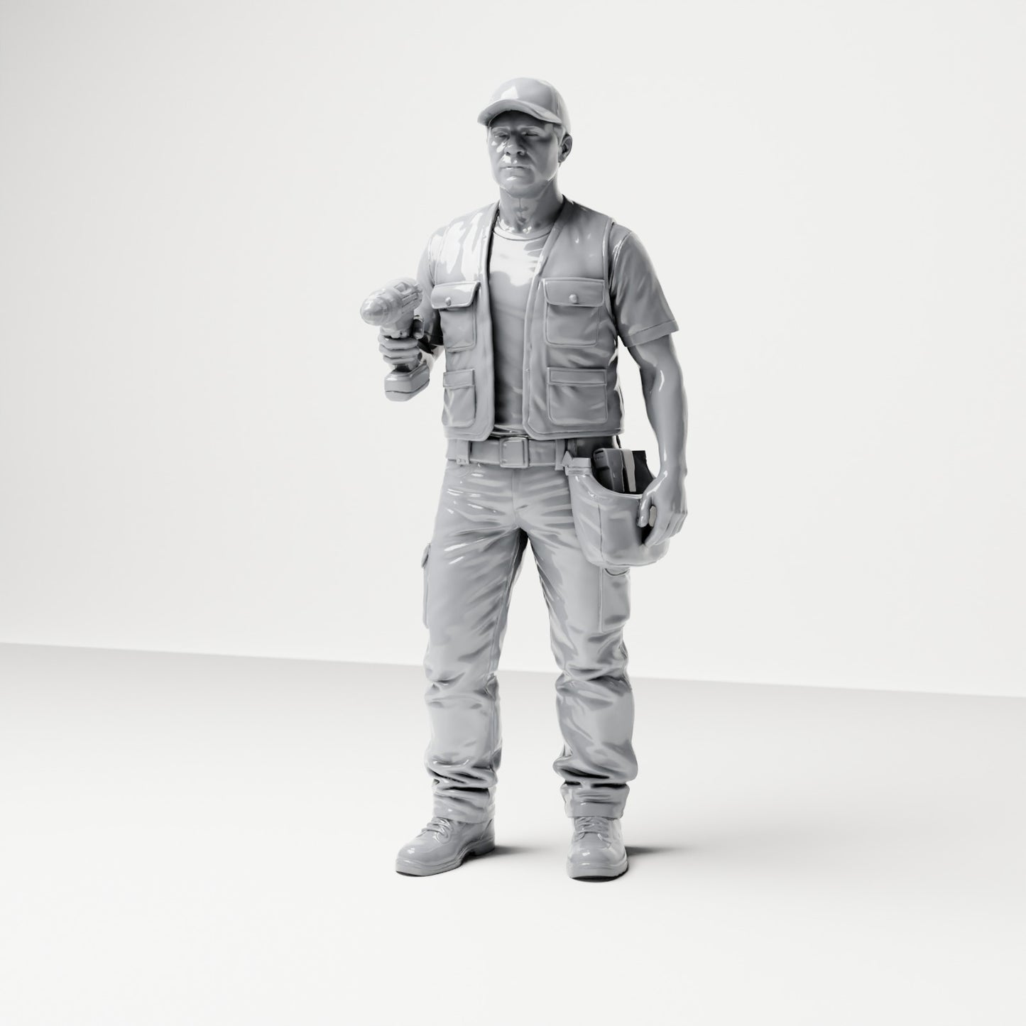 Diorama Modellbau Produktfoto 0: Stehende Figur: Handwerker mit Werkzeugtasche & Akkuschrauber (B046)