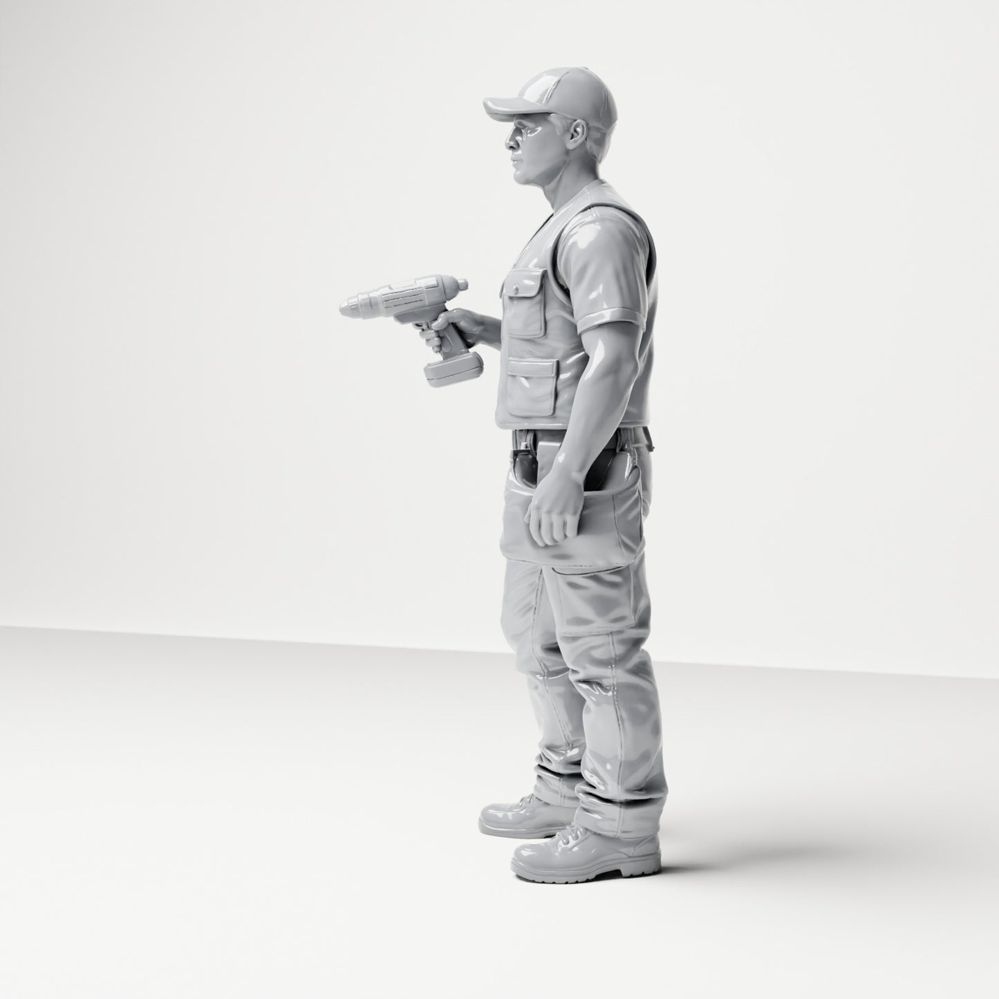 Diorama Modellbau Produktfoto 1: Stehende Figur: Handwerker mit Werkzeugtasche & Akkuschrauber (B046)