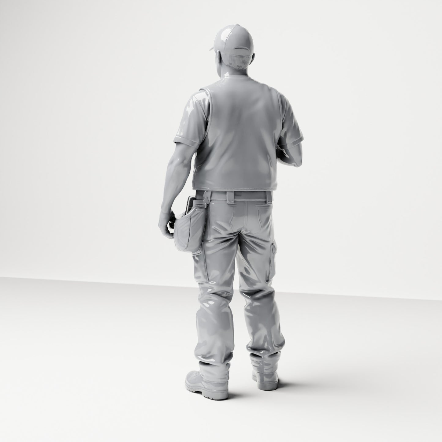 Diorama Modellbau Produktfoto 2: Stehende Figur: Handwerker mit Werkzeugtasche & Akkuschrauber (B046)