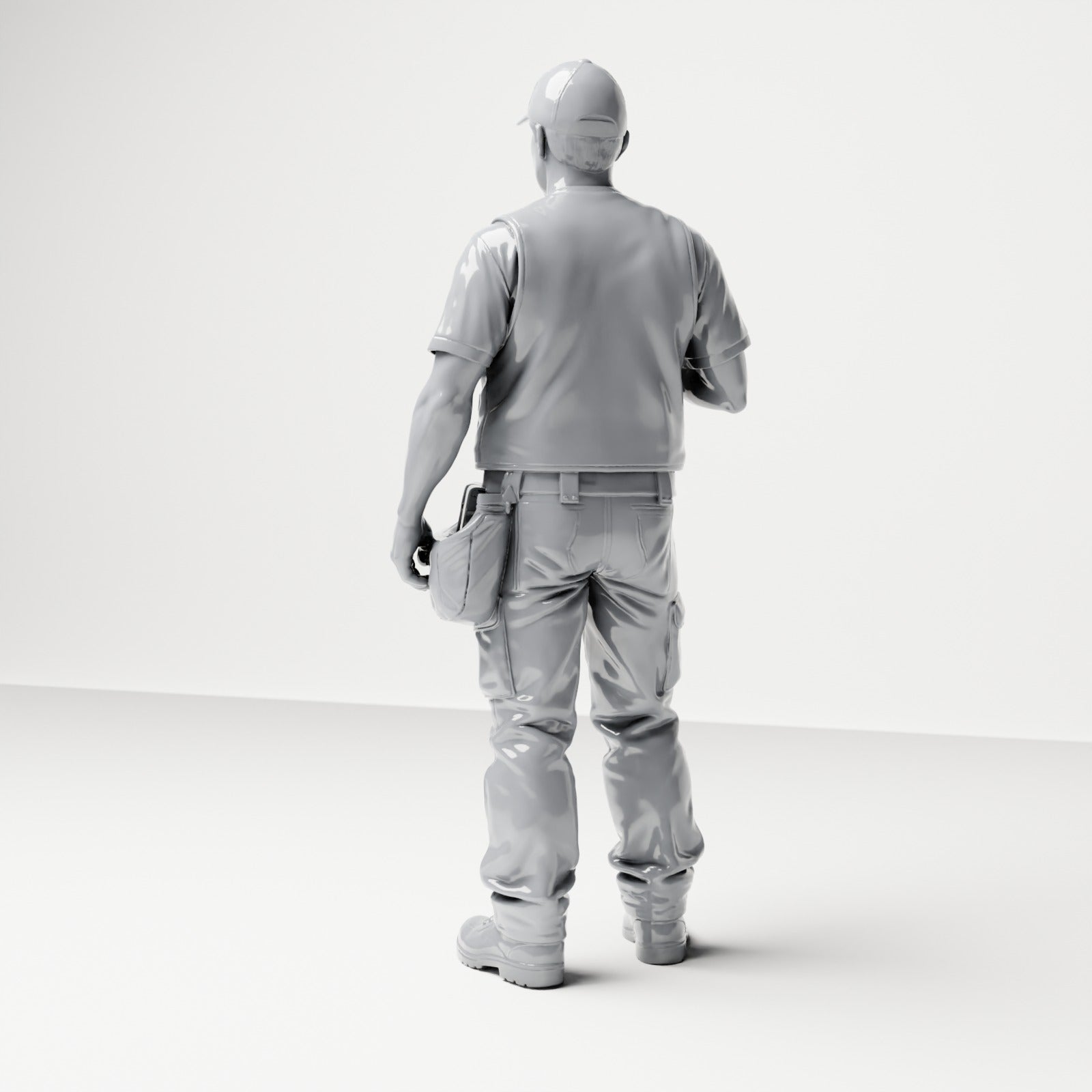 Diorama Modellbau Produktfoto 2: Stehende Figur: Handwerker mit Werkzeugtasche & Akkuschrauber (B046)