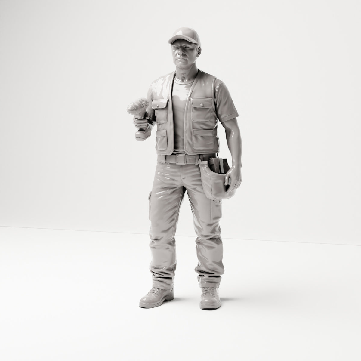 Stehende Figur: Handwerker mit Werkzeugtasche & Akkuschrauber (B046) - Vorderansicht