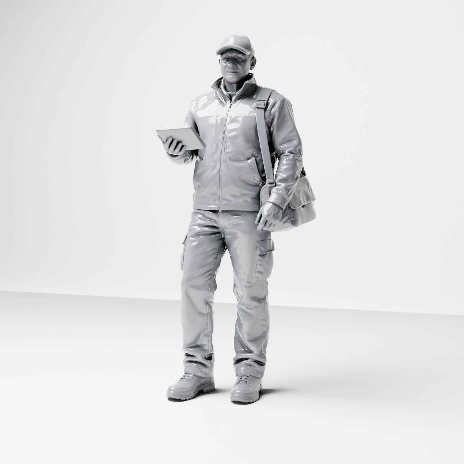 Foto prodotto diorama modellismo 0: figura in piedi: corriere con berretto, borsa a tracolla e palmare (B048)