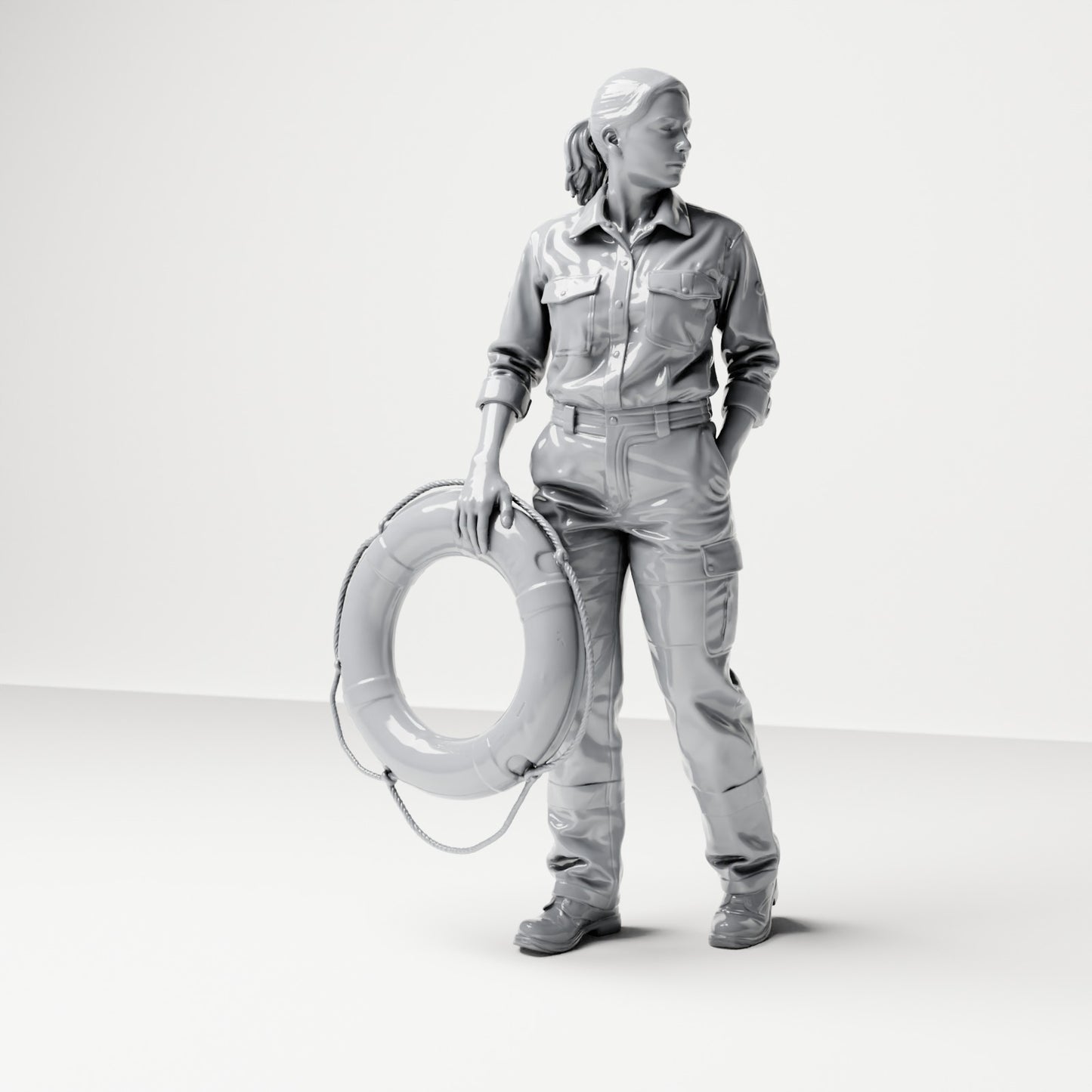 Diorama Modellbau Produktfoto 0: Stehende Figur: Schiffsbesatzungsfrau in Arbeitskleidung mit Rettungsring (B049)