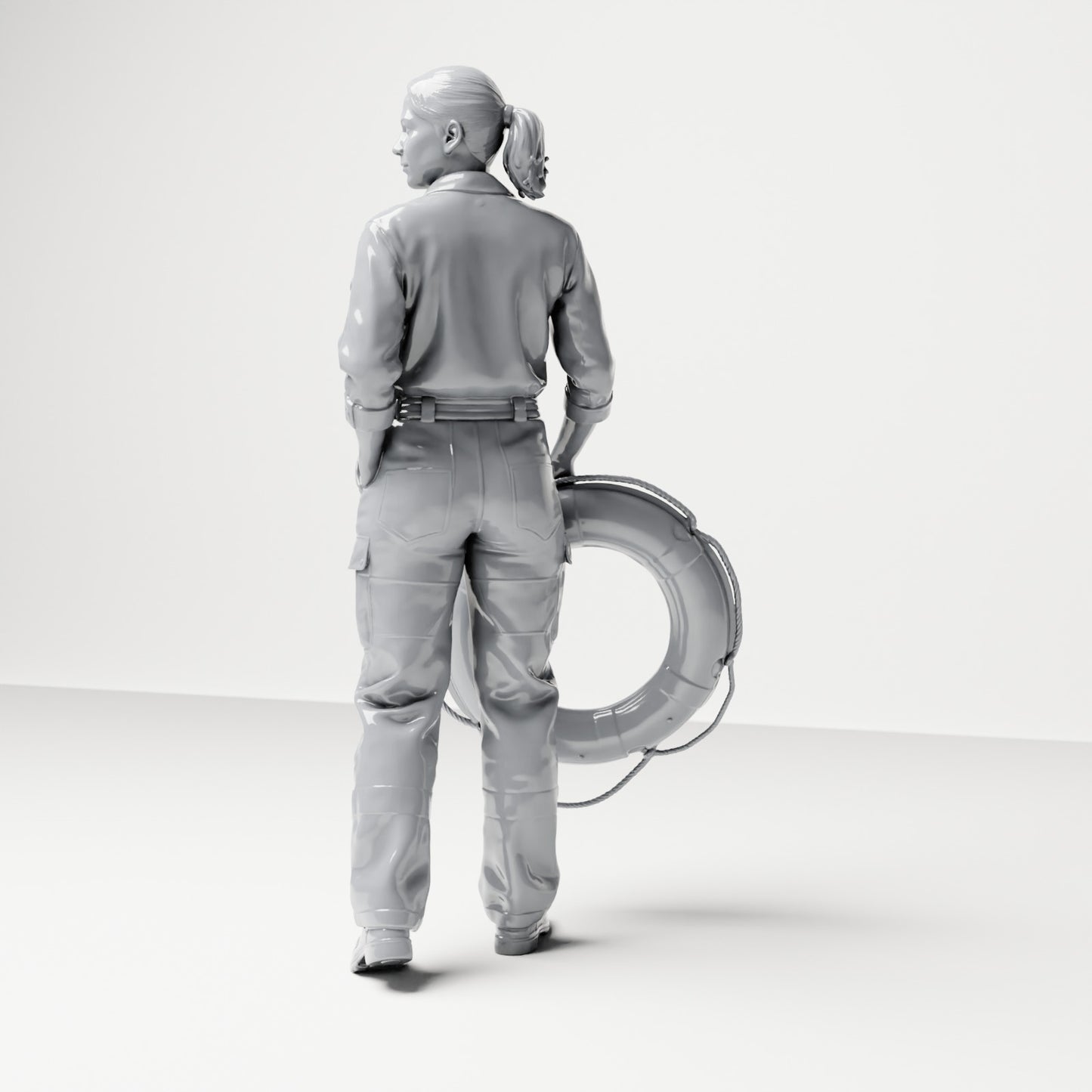 Diorama Modellbau Produktfoto 2: Stehende Figur: Schiffsbesatzungsfrau in Arbeitskleidung mit Rettungsring (B049)