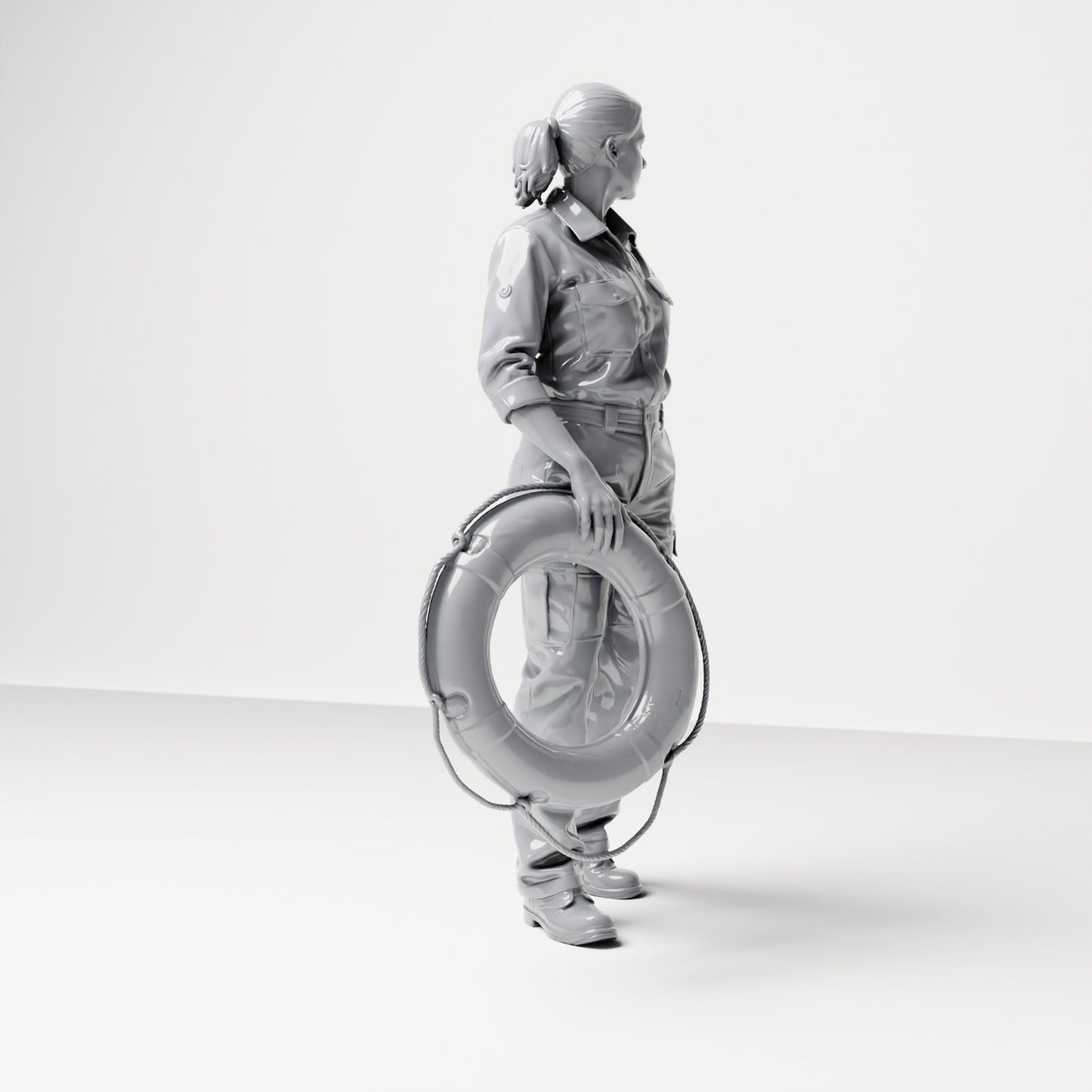 Diorama Modellbau Produktfoto 3: Stehende Figur: Schiffsbesatzungsfrau in Arbeitskleidung mit Rettungsring (B049)