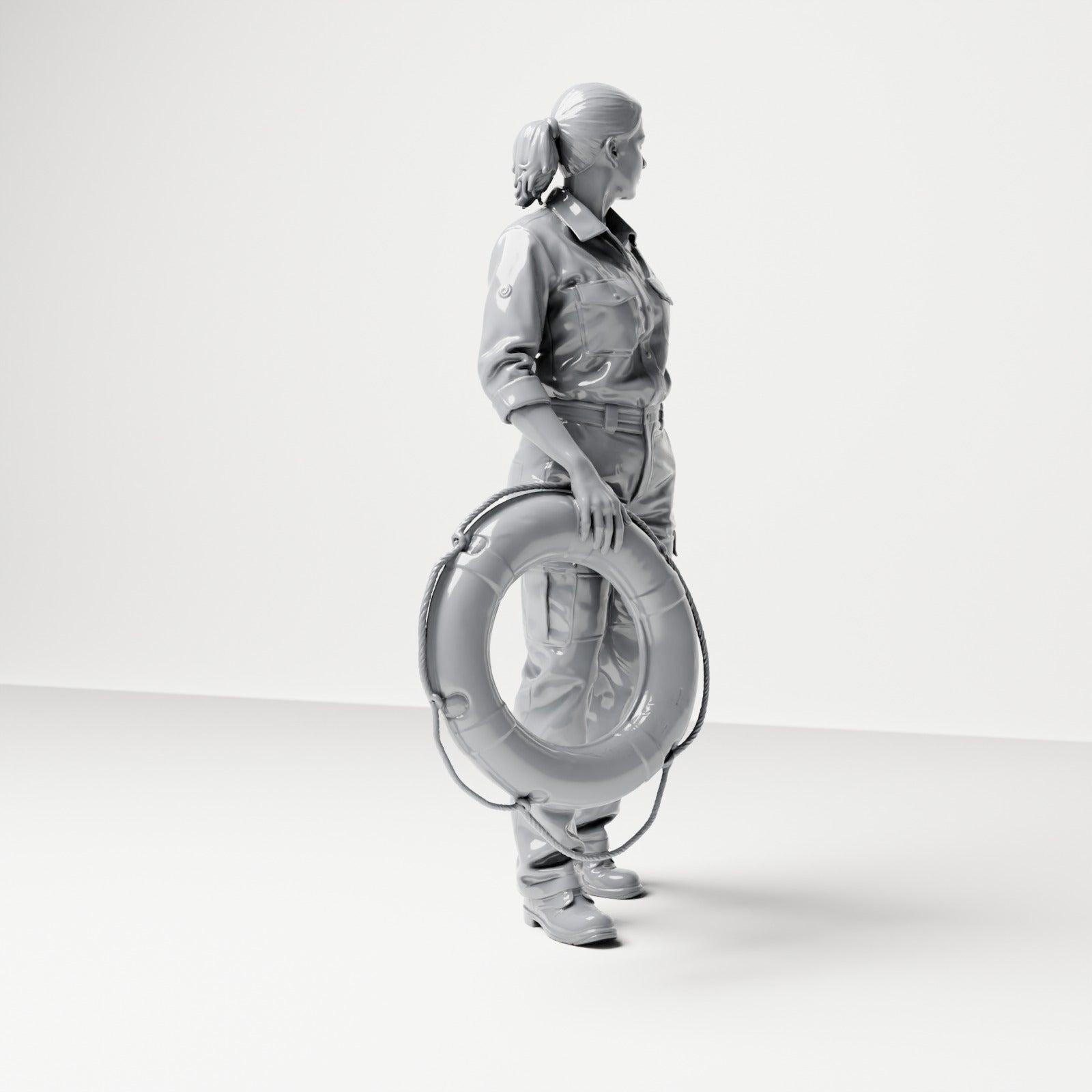 Diorama Modellbau Produktfoto 3: Stehende Figur: Schiffsbesatzungsfrau in Arbeitskleidung mit Rettungsring (B049)