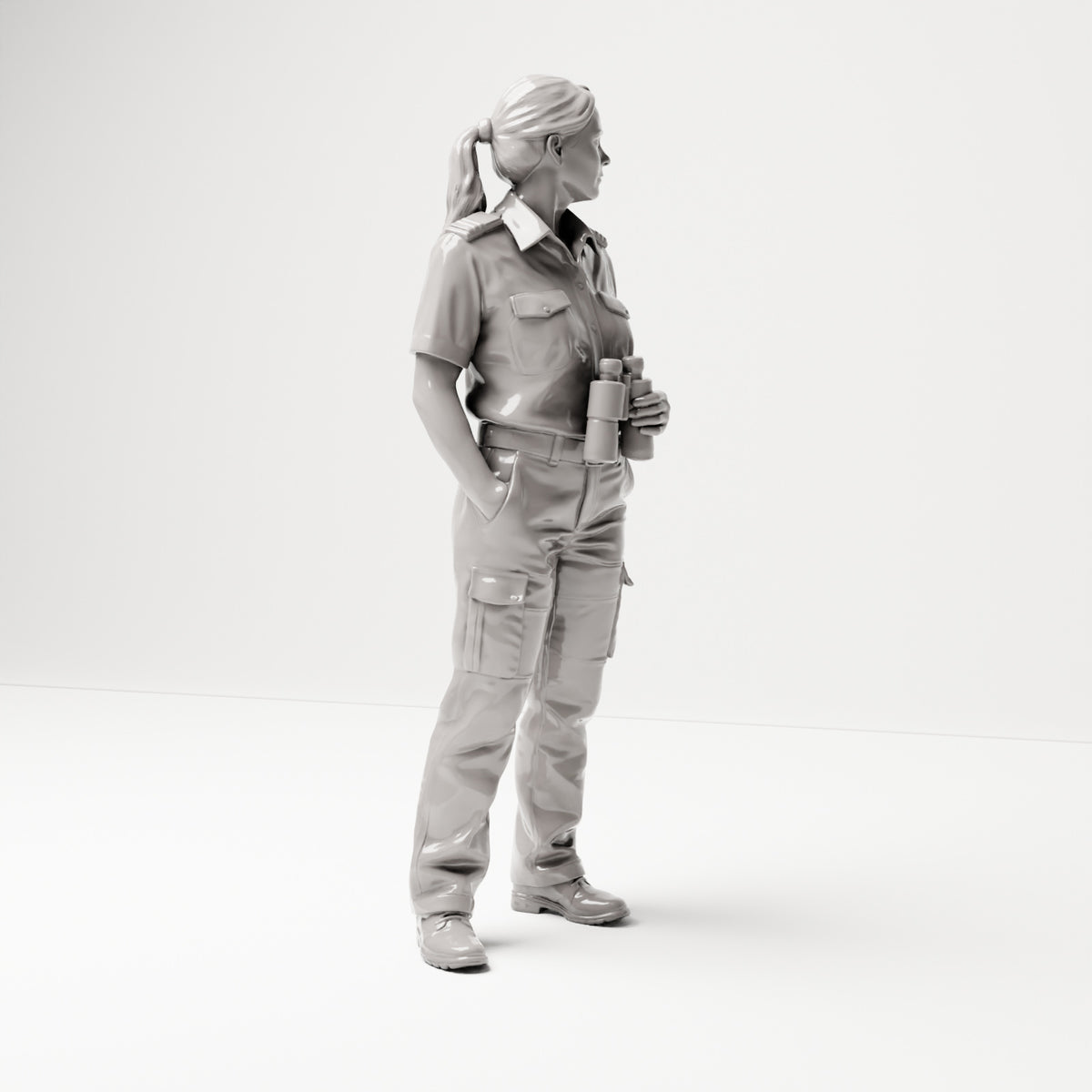 Stehende Figur: Schiffsbesatzungsfrau in Uniform mit Fernglas (B050) - rechte Seitenansicht