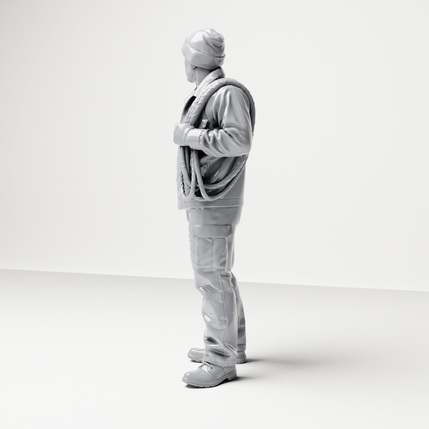 Diorama Modellbau Produktfoto 1: Stehende Figur: Schiffsbesatzungsmitglied in Arbeitskleidung mit Seilrolle (B052)