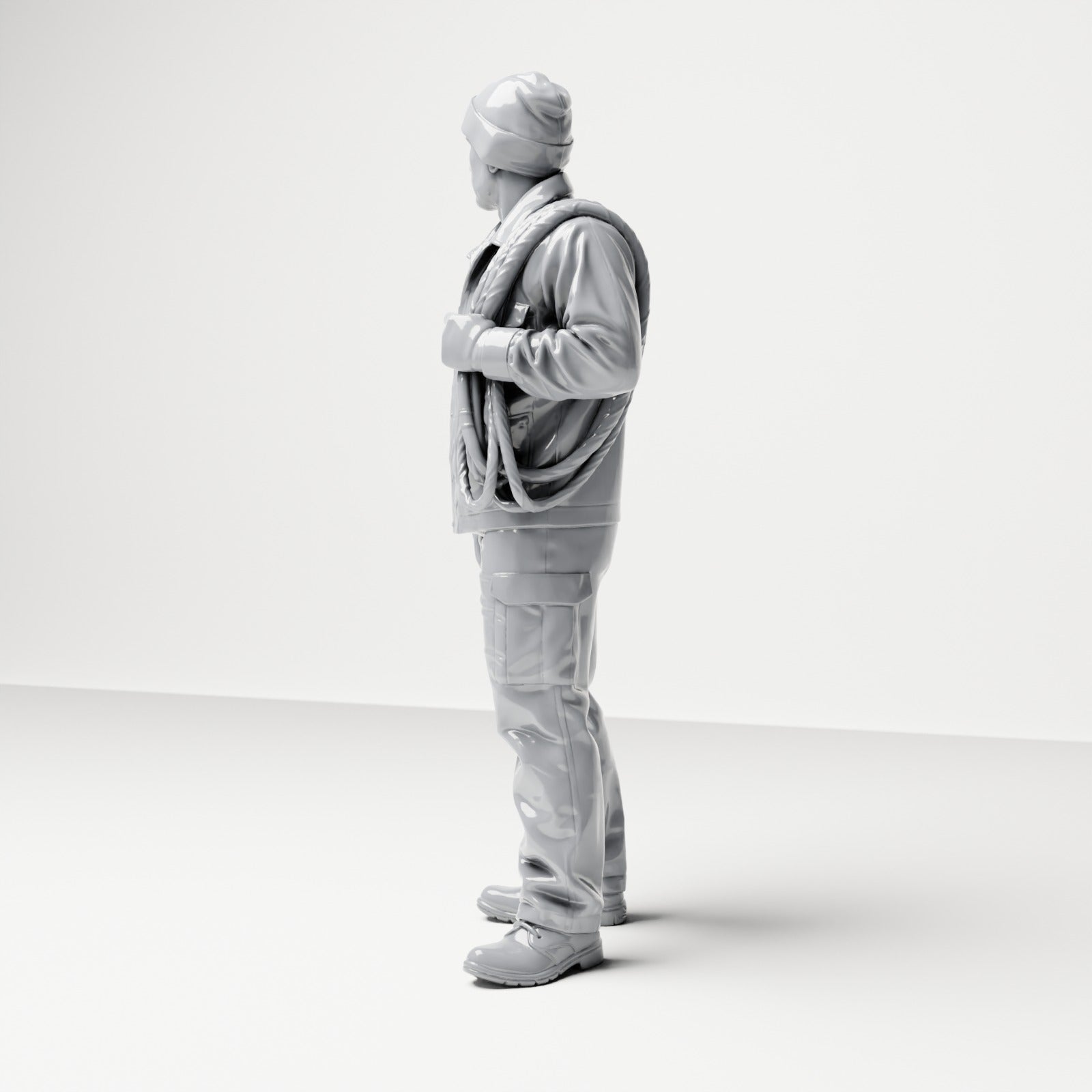 Diorama Modellbau Produktfoto 1: Stehende Figur: Schiffsbesatzungsmitglied in Arbeitskleidung mit Seilrolle (B052)