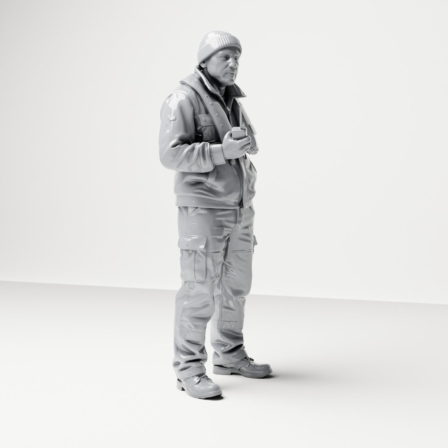 Foto prodotto per modellismo diorama 3: figura in piedi: membro dell'equipaggio navale con berretto, giubbotto di salvataggio e radio (B053)