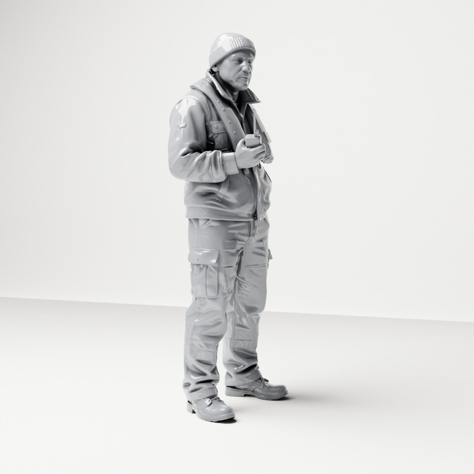 Foto prodotto per modellismo diorama 3: figura in piedi: membro dell'equipaggio navale con berretto, giubbotto di salvataggio e radio (B053)
