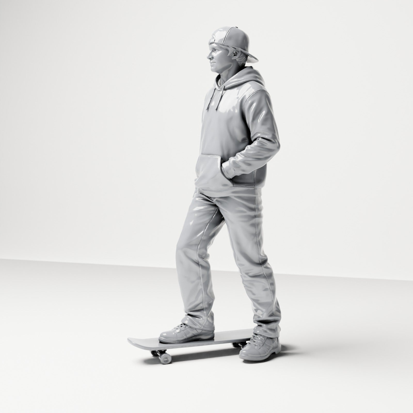 Produktová fotografie dioramatického modelu 1: Stojící figurka: skejťák s kšiltovkou, mikinou s kapucí a skateboardem (B054)
